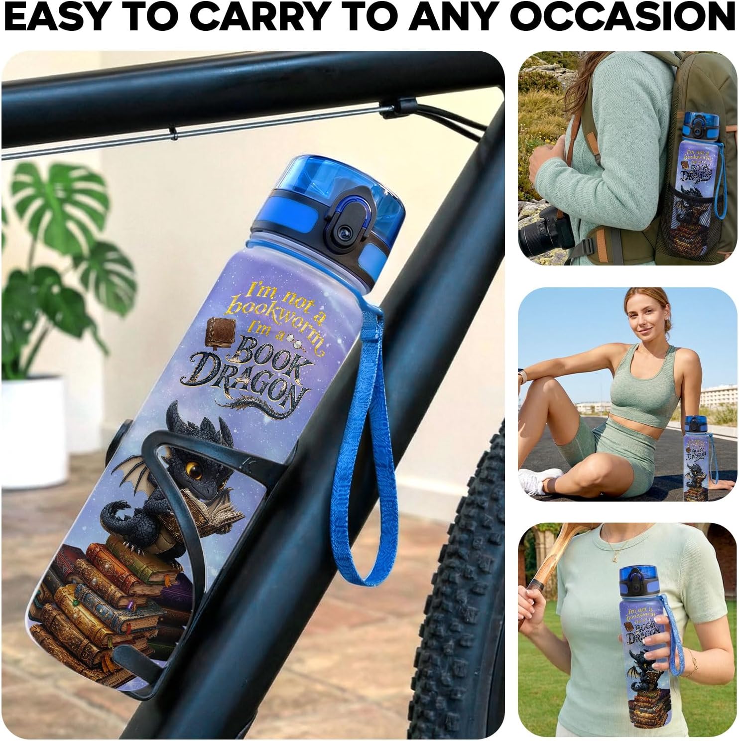 34HD Book Dragon Water Bottle with Time Marker, I'm Not a Bookworm I'm a Book Dragon Drink Tracker, Reader Birthday Gift for Women Book Lover