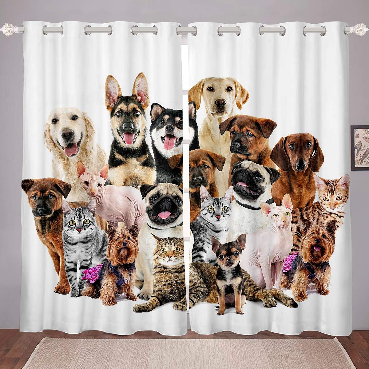 Dog Cat Print Curtains for Bedroom Living Room 3D Animal Pattern Curtains for Kids Boys Girls Cute Puppy Kitten Windows Drapes Luxury Soft Room Decoration, W46*L72 โ image 1