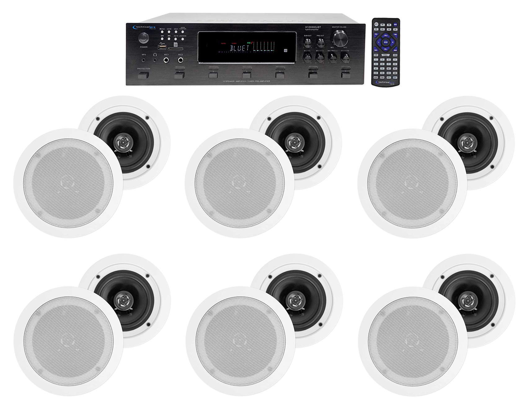 Technical Pro H12X500UBT 6000w 6-Zone 12-Speaker Bluetooth Home Theater Receiver Receiver Bundle with Pair Rockville HC55 White 5.25