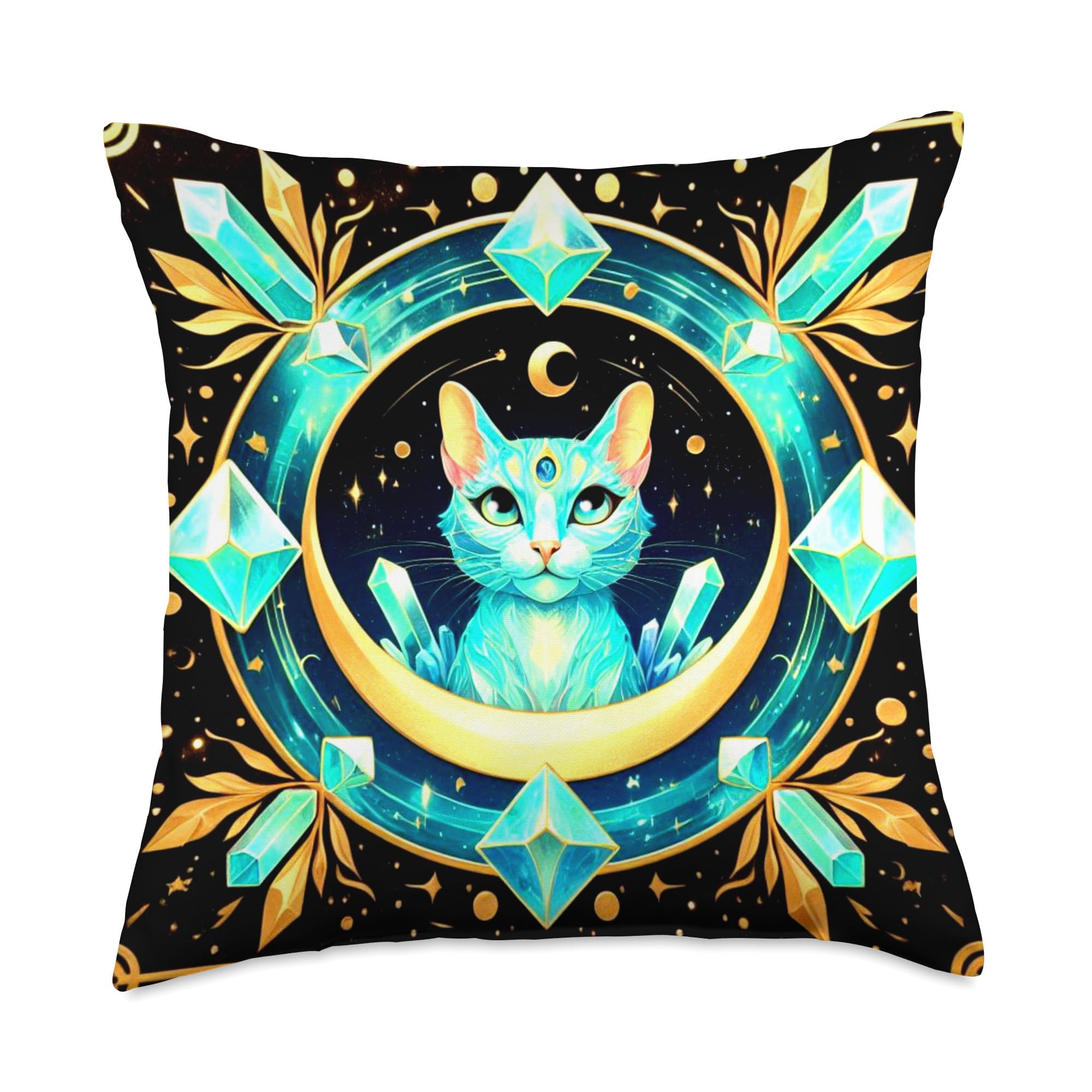 Cat Crystals Decor Celestial Crystals Moon Mystical Spiritual Cat World Throw Pillow, 18x18, Multicolor