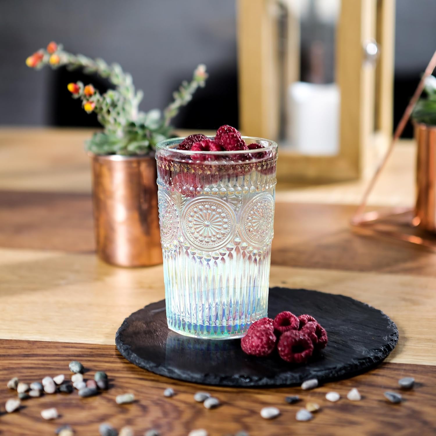 Joeyan Iridescent Drinking Glasses,Embossed Vintage Water Glass Cups,Colored Ribbed Highball Tumblers with Sunflower Pattern,Romantic Glassware Set for Beverages Cocktail Juice,12.5 oz,Set of 4
