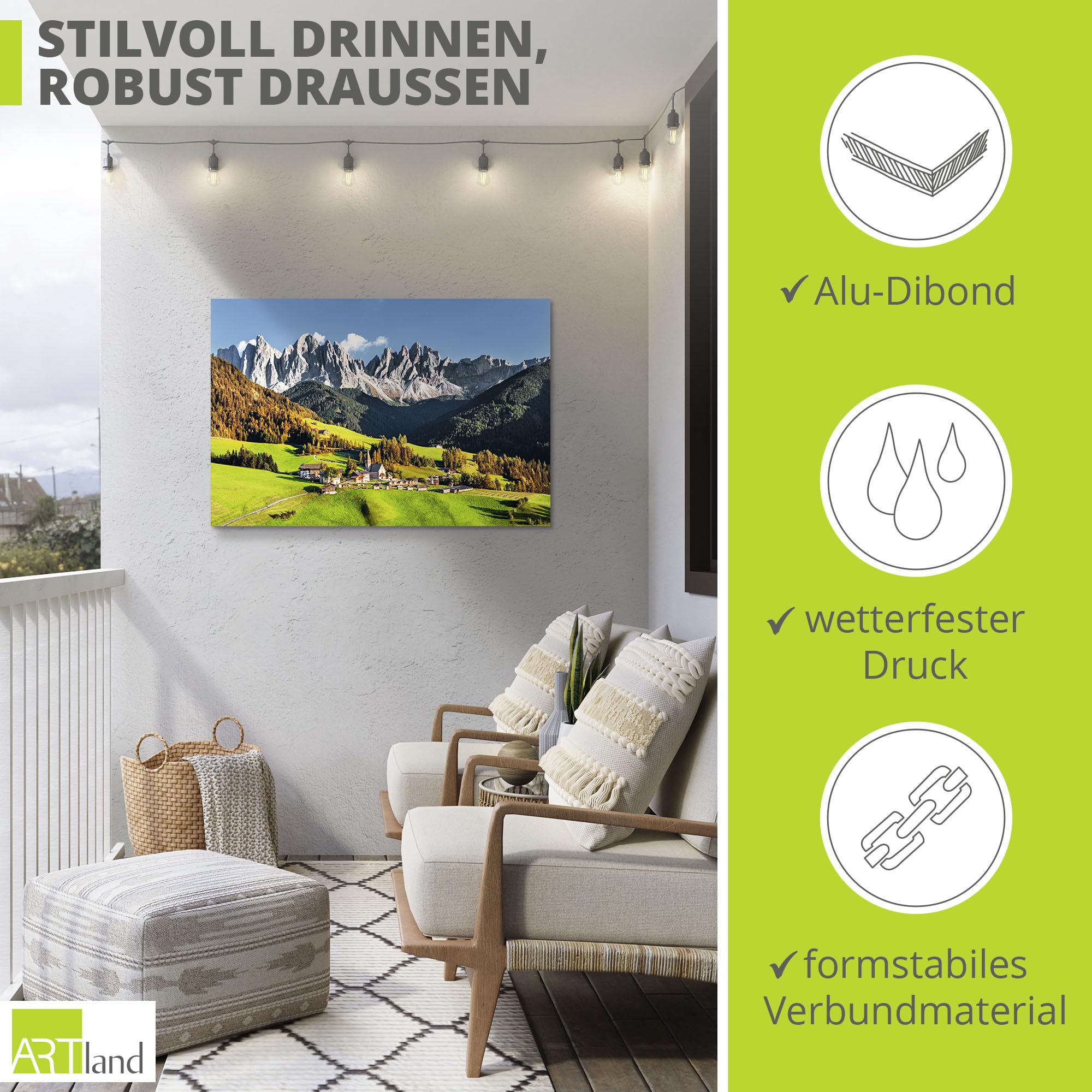 ARTland Wanddeko Wandbild Alu Verbundplatte für Innen & Outdoor Bild 120x80 cm Alpen Berge Landschaft Italien Berge Gebirge Urlaub Santa Maddalena U1TF