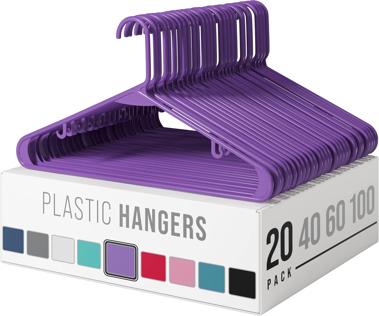 Plastic Clothes Hangers (20, 40, 60, 100 Packs) Heavy Duty Durable Coat and Clothes Hangers | Vibrant Color Hangers | Lightweight Space Saving Laundry Hangers (20 Pack - Purple)