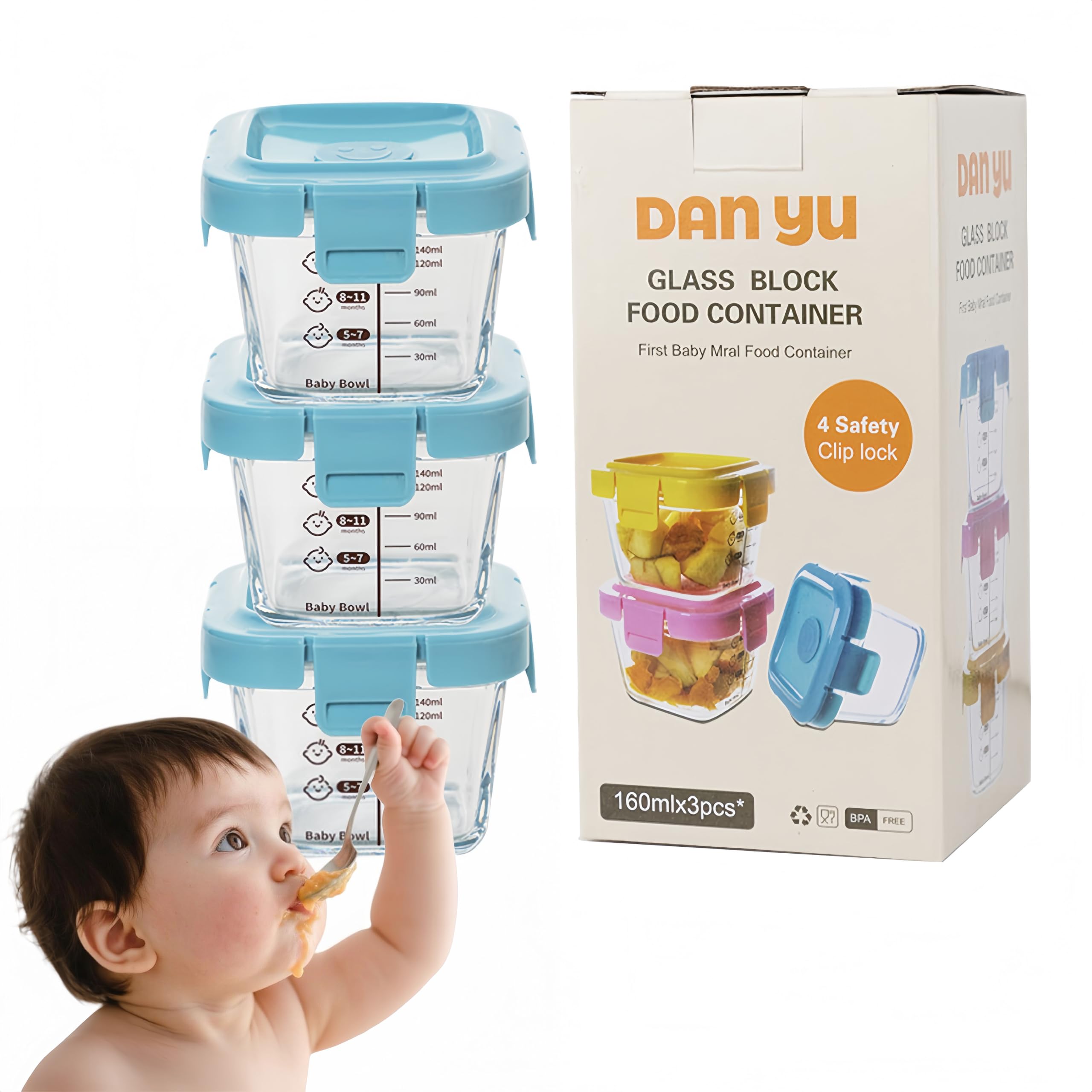 3PCS 170ml Airtight & Leakproof Baby Food Containers,Glass Food Storage Container with Lid,Labeled Microwavable,Reusable Food Jars with Lids,Dishwasher & Freezer Safe (Breast Milk,Fridge) (Blue)