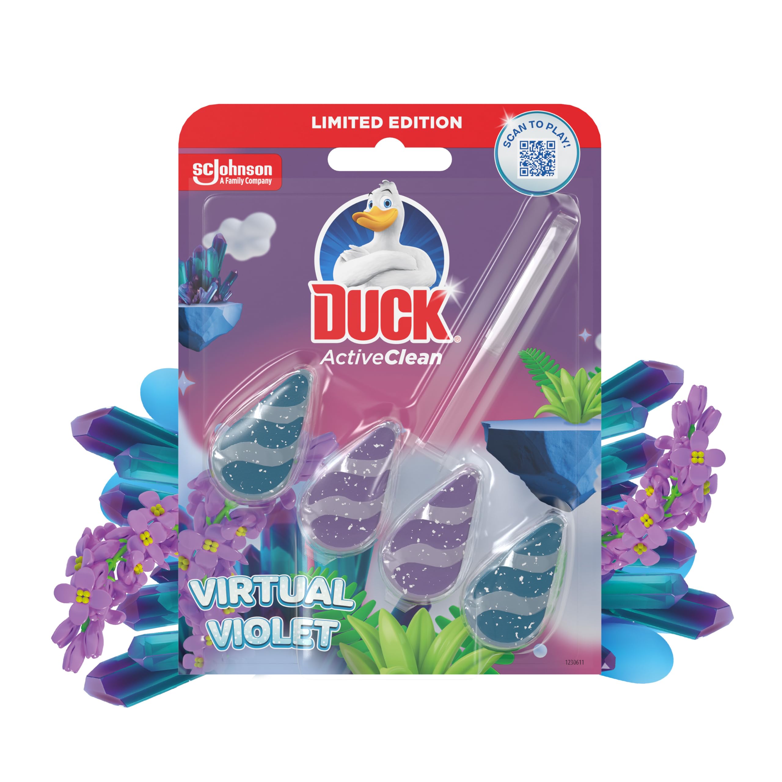 Duck Active Clean Toilet Rim Block, Foaming Toilet Bowl Cleaner, Long-lasting Fragrance, Virtual Voilet, 38.6g