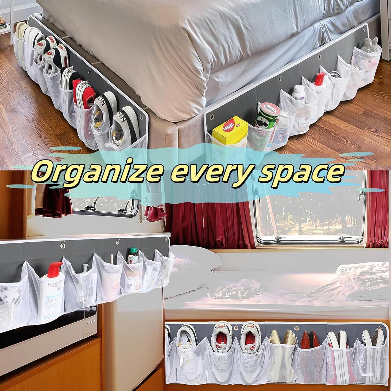 Rv Shoe Storage Solutions, 2 Pcs Hanging Shoe Organizer for Bedside, 16 Extra Large Pocket with Sturdy Hooks And Sticky Hook, Space Organization for Rv Campers More Than Just Shoes (White)