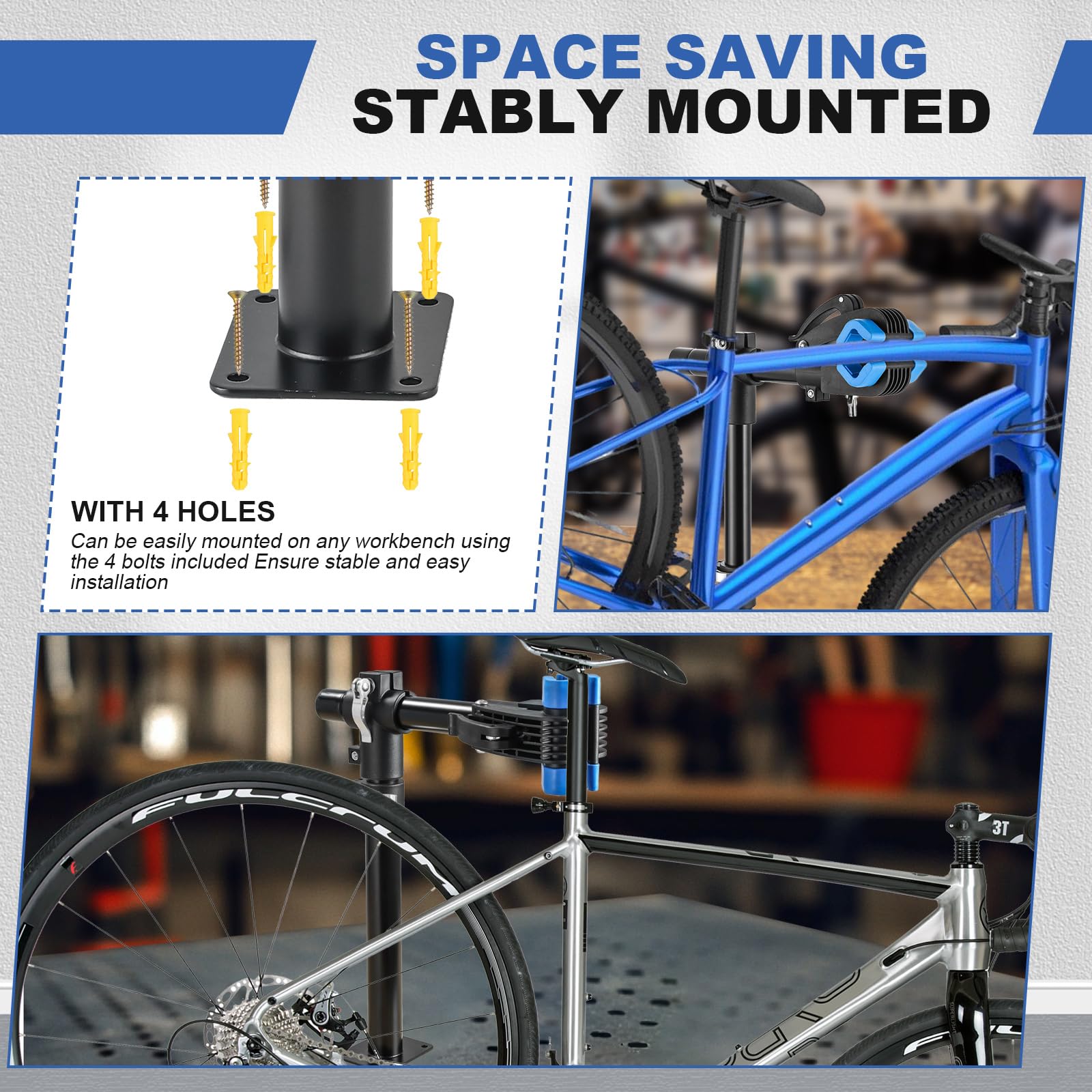 DASBET Support de réparation de vélo, support mural pour établi de travail, support de vélo réglable en hauteur pour vélo de route, VTT, support mural pour réparation de vélo (bleu)