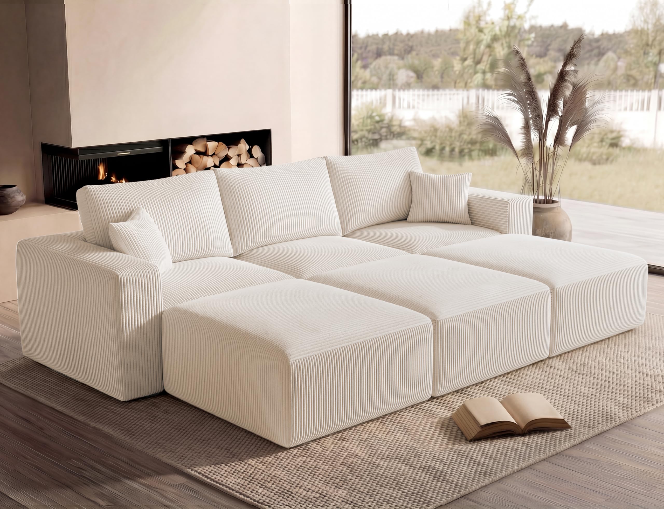 Living&Giving（WALKBON） Modular Sectional Sofa Bed with Chaise, 115" Memory Foam Cloud Couch, Boneless Corduroy Upholstered Floor Couch, No Assembly Required Living Room Furniture for Apartment Home, Beige