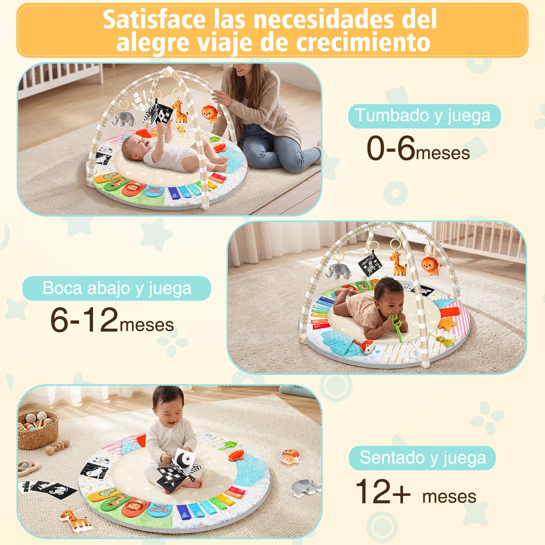 URMYWO Tapete Actividades Bebé, Alfombra Juegos Bebé con Arco Desmontable y 5 Juguetes Extraíbles, Estimula 6 Sentidos y Motricidad,Gimnasio Bebé Tummy Time 0-18 Meses,Juguete Ideal para Niña o Niño