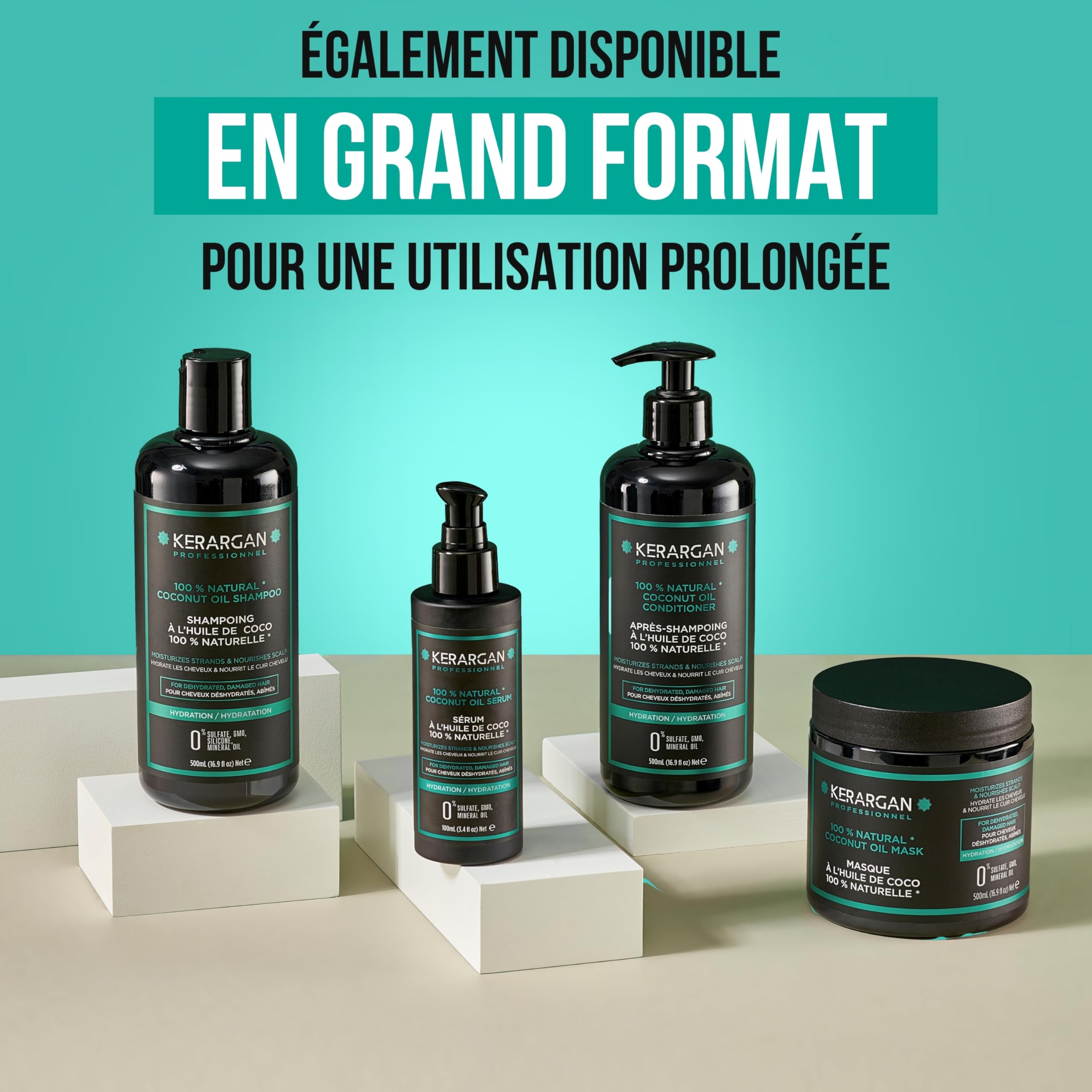 KERARGAN - Routine Coco 4 Soins Hydratants Cheveux Secs - 3x250ml+50ml | Shampoing, après-shampoing, masque et sérum, routine complète pour hydrater, nourrir et lisser les frisottis
