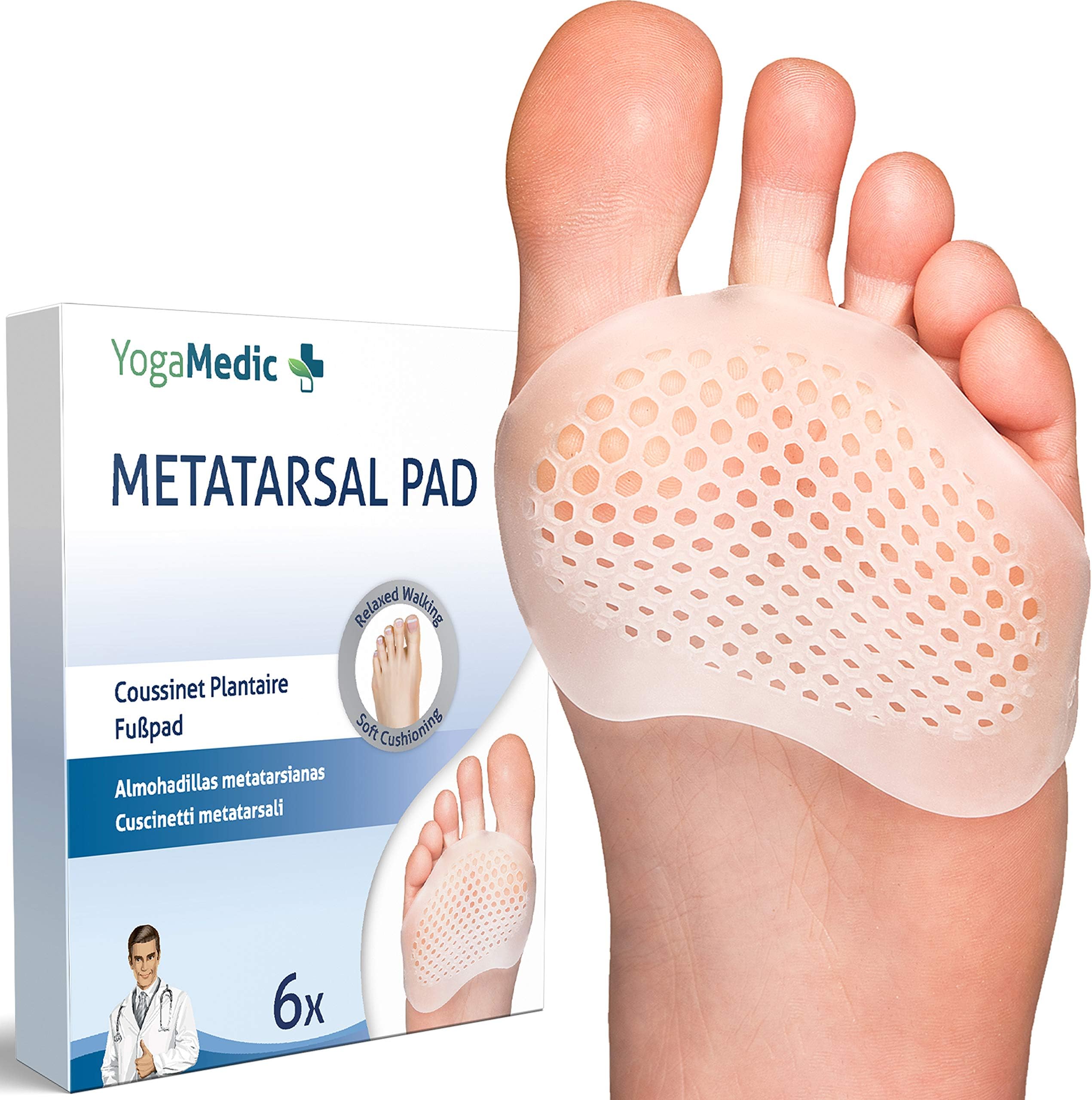 Metatarsal Pads for Women and Men [6 pc] by YogaMedic - Gel Pads, 0%-BPA Foot Cushion Foot Pads for Metatarsalgia Neuroma Mortons