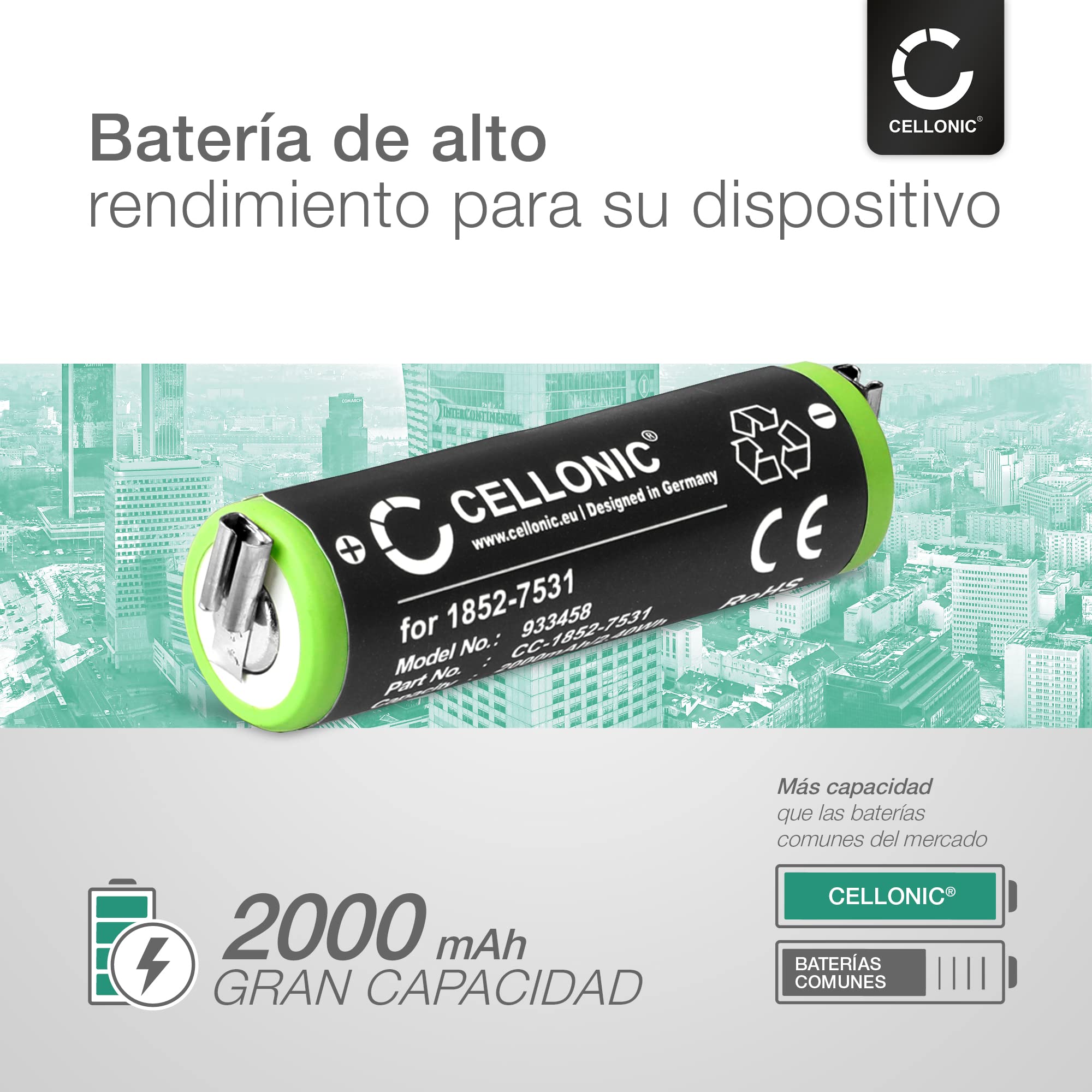 CELLONIC, Batería para Afeitadora Compatible con Moser ChroMini 1591Q, Contura 1591, 1852-7531 (1.2V, 2000mAh) 2 Unidades