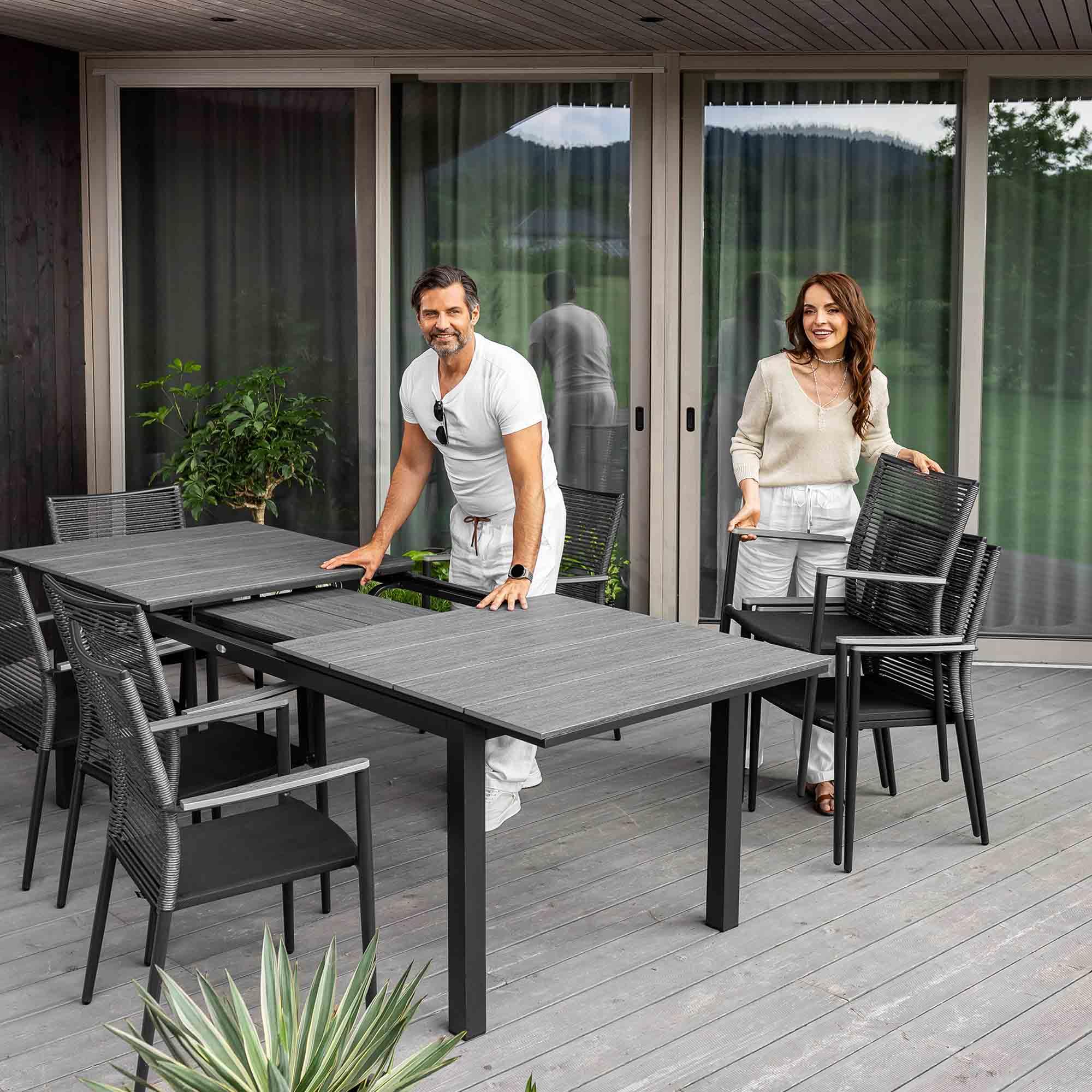 di volio Gartentisch ausziehbar 200-300 cm Aluminium für 12 Gäste Barleta | Kunstholzplatte, 2 Nivellierfüße, Klappsystem, 150 kg belastbar, UV-beständig, korrosionsbeständig, pflegeleicht
