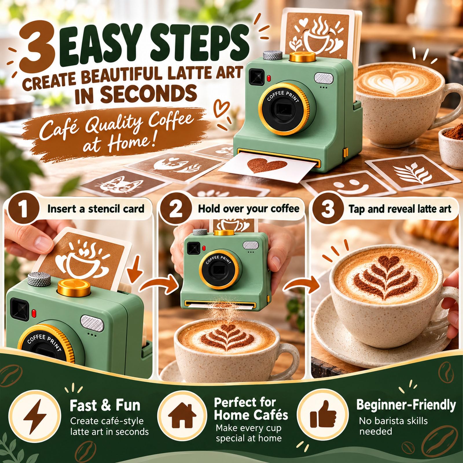 3D Latte Art Camera，Coffee Art Stencils (Black)