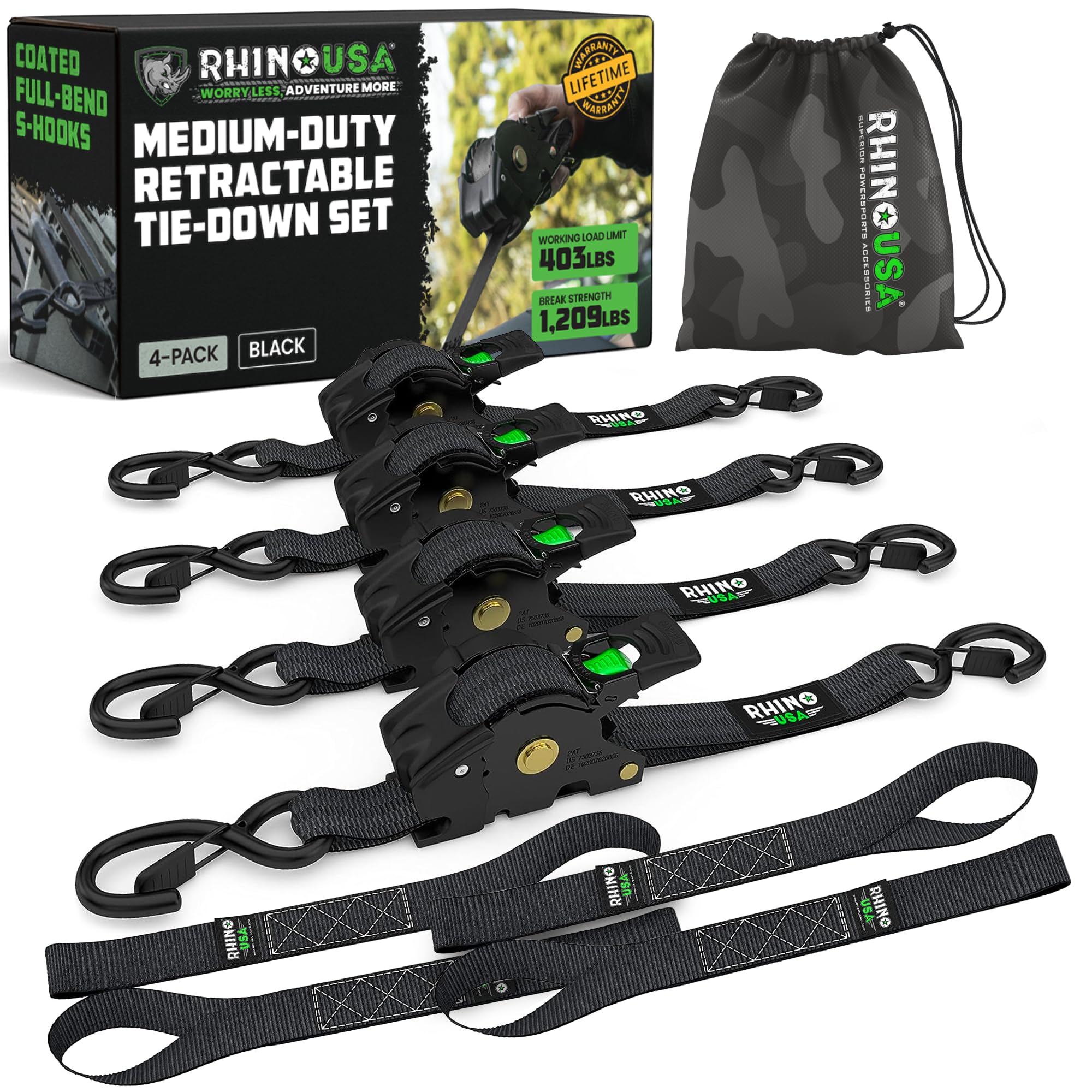 Rhino USA Retractable Ratchet Tie Down Straps (4 Pack) - 1,000 lbs Max Breaking Strength (4) with Ultimate 1" x 10' Auto Track Down and Padded Handles for Boats and Cargo Securing
