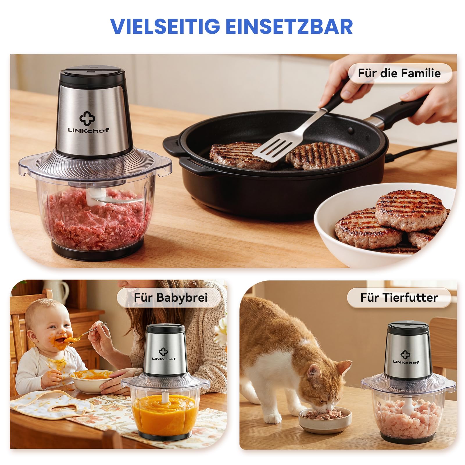LINKChef Zerkleinerer Elektrisch 1,5L Glasbehälter, 2 Stufen, 3 Edelstahlklingen – Universalzerkleinerer für Fleisch, Gemüse, Nüsse & Babynahrung