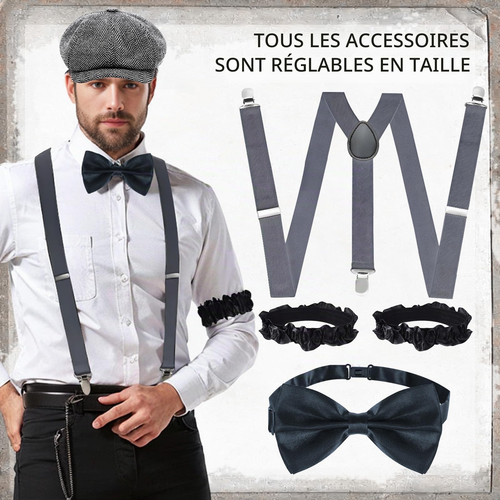 JONRRYIN Costume des années 20 pour homme, accessoires de mafia des années 20 avec gilets et divers accessoires pour Halloween, costume de carnaval (gris, L)