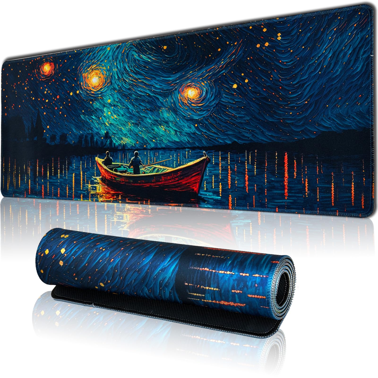 Starry Night Large Gaming Mouse Pad, XL Desk Mat with Seamed Edges, Waterproof, Non-Slip Rubber Base, 31.5x11.8 Inch Keyboard Pad, Big Mousepad