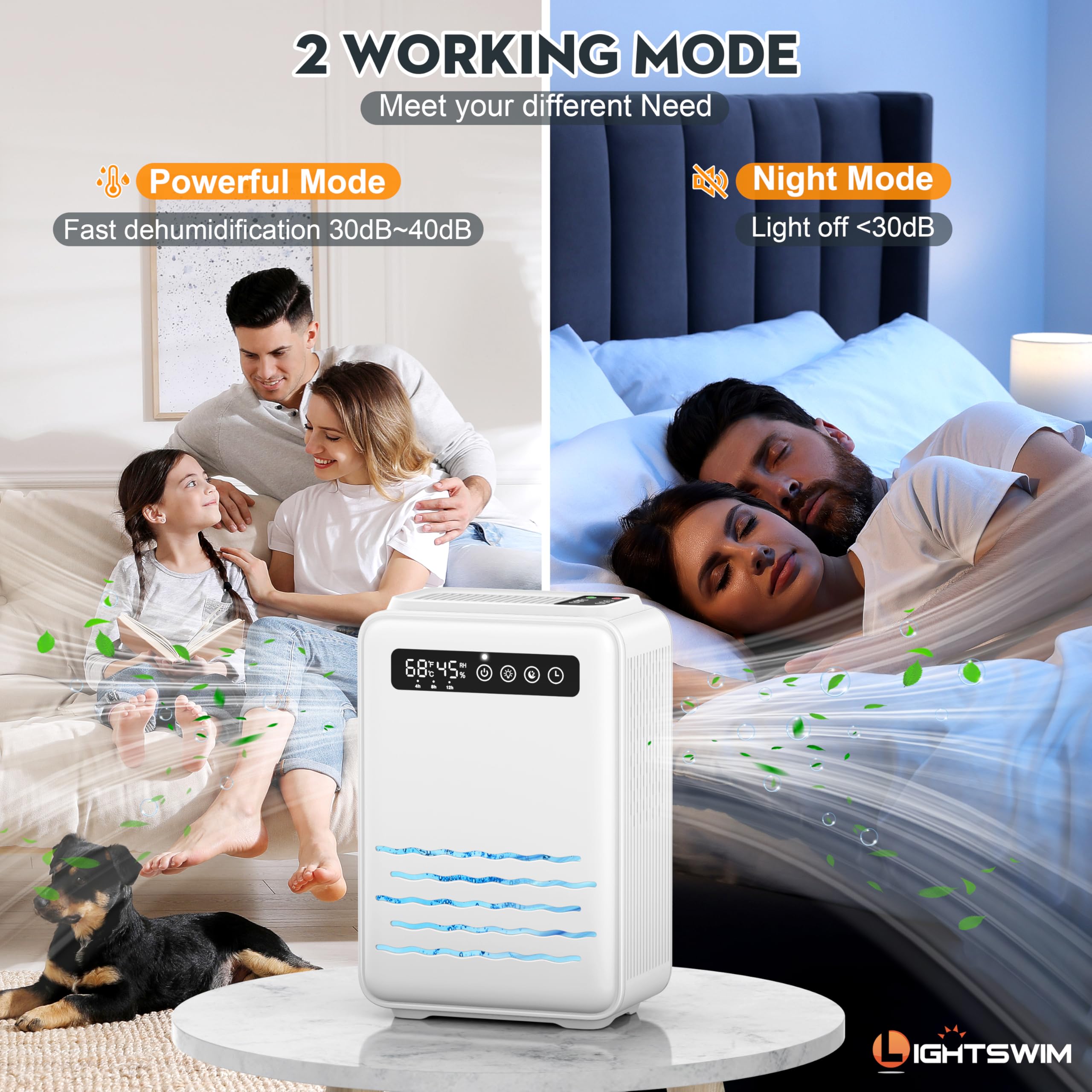 Deumidificatore aggiornato (telecomando) per camera da letto, serbatoio dell'acqua da 2,8 l, 75 m², piccolo deumidificatore silenzioso per cantina, casa, bagno, con spegnimento automatico, luce LED 7