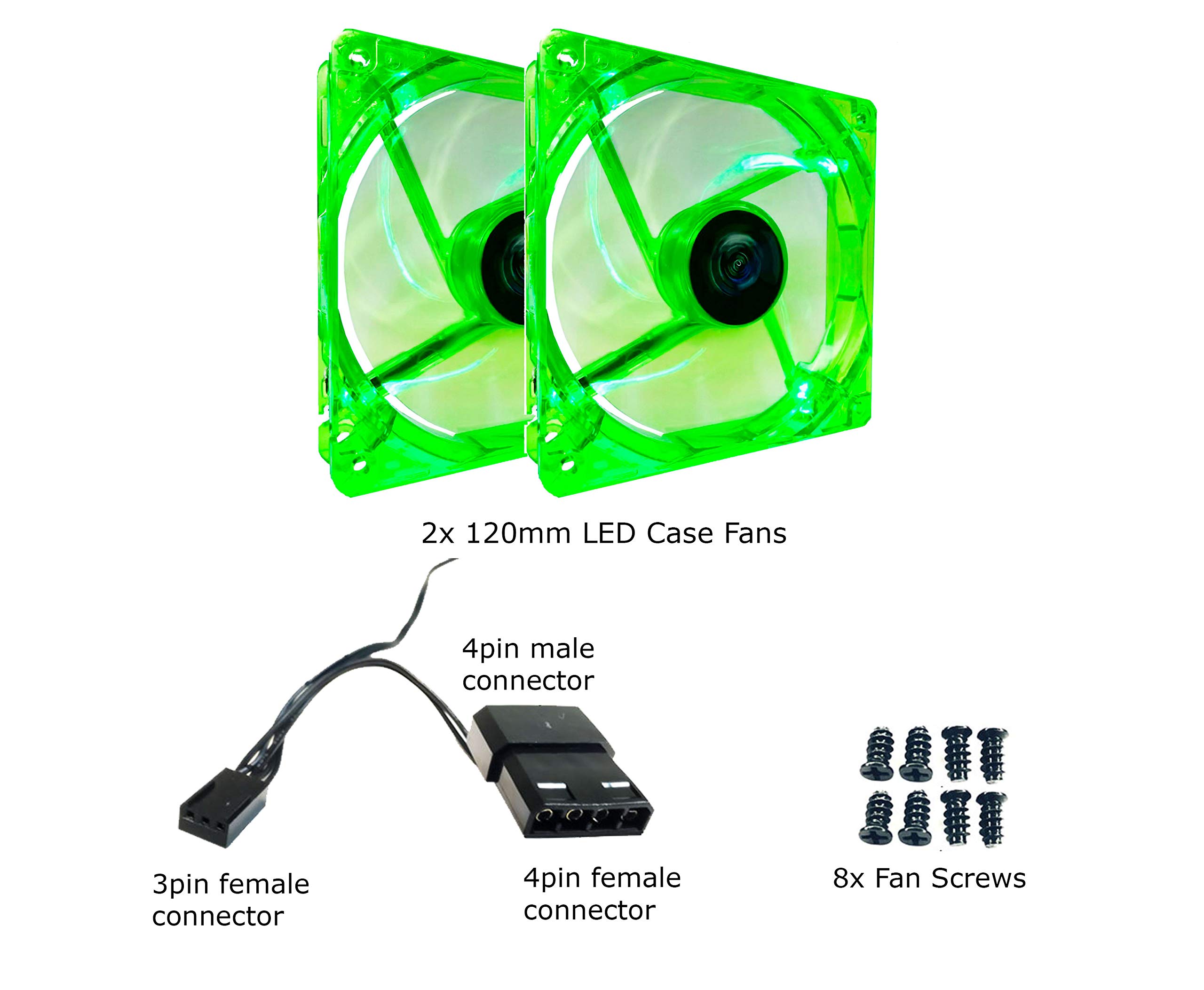 Apevia 120mm Green LED Case Fan 2-Pack - 4pin Molex & 3pin Motherboard Silent PC Cooling Fan