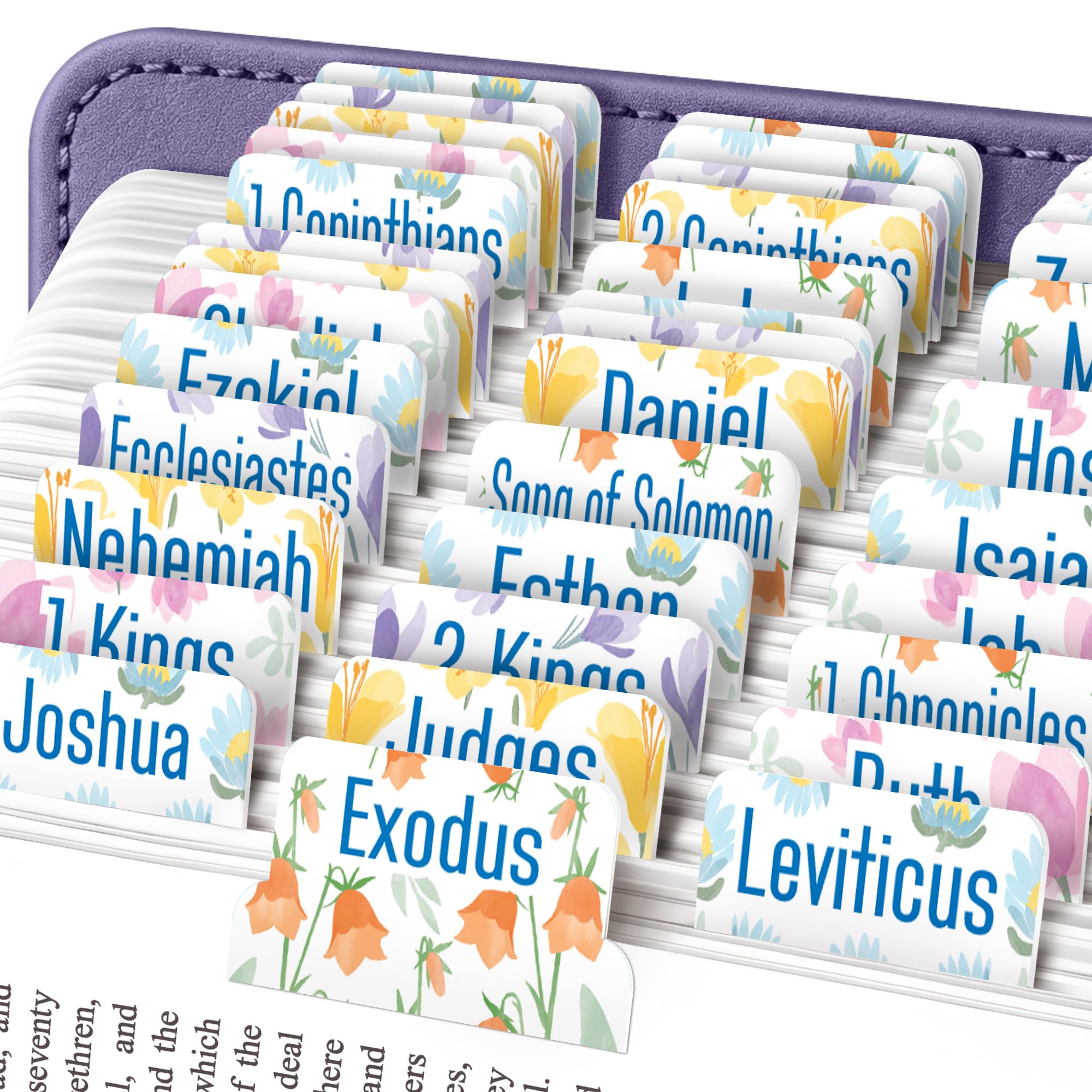 EssexWares – Pastel Petals Flower Bible Tabs for Old and New Testament, 80 Large Print Tabs for Bible Study, Water-Resistant and Durable Bible Index Tabs for Women and Men - 1.7" Wide