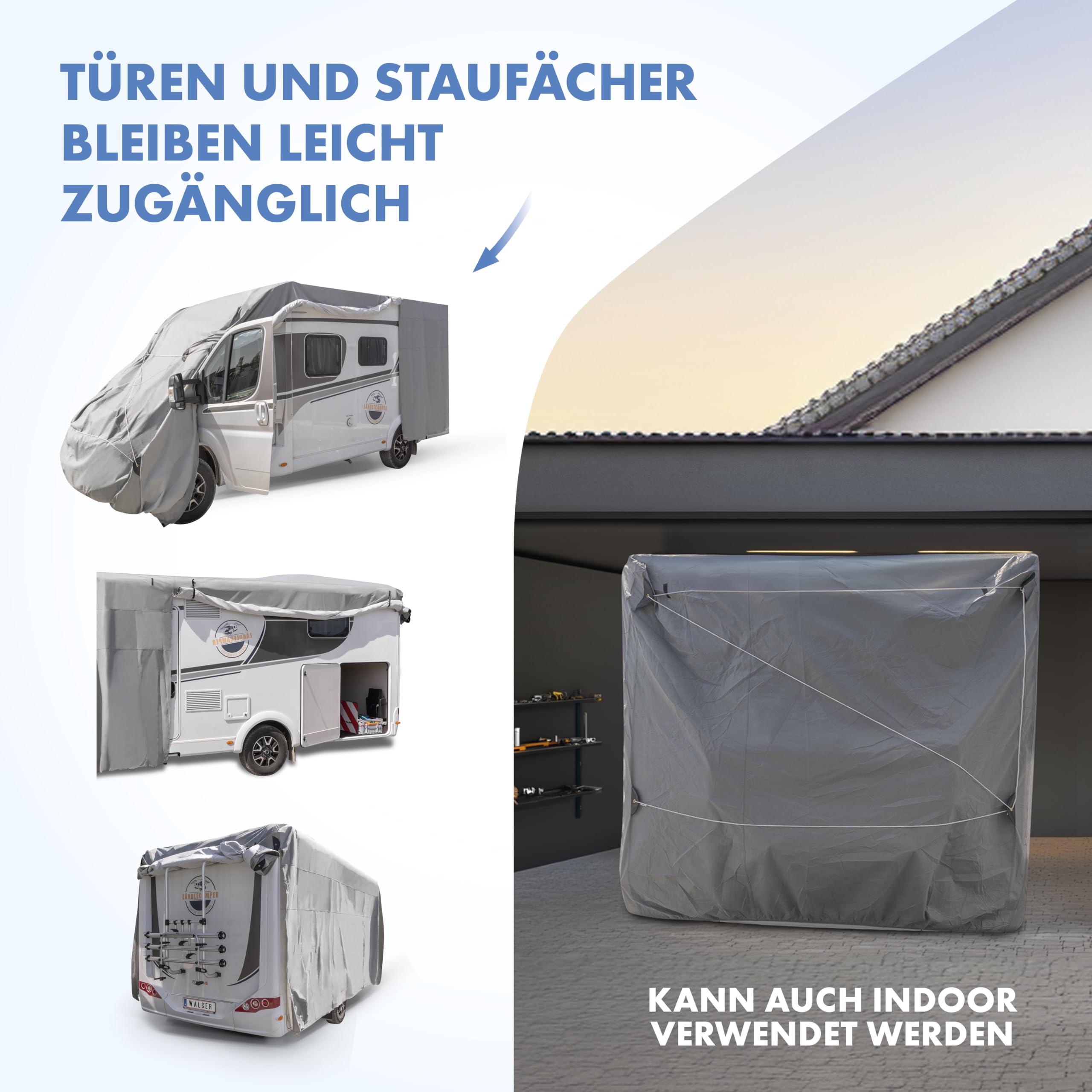 WALSER Premium Wohnmobil Abdeckplane, 100% wetterfeste Wohnmobilabdeckung, wasserdichte Wohnmobilplane mit UV-Schutz, Schutzhülle für Reisemobile + Aufbewahrungstasche 630x250x225cm (Dachlänge: 555cm)