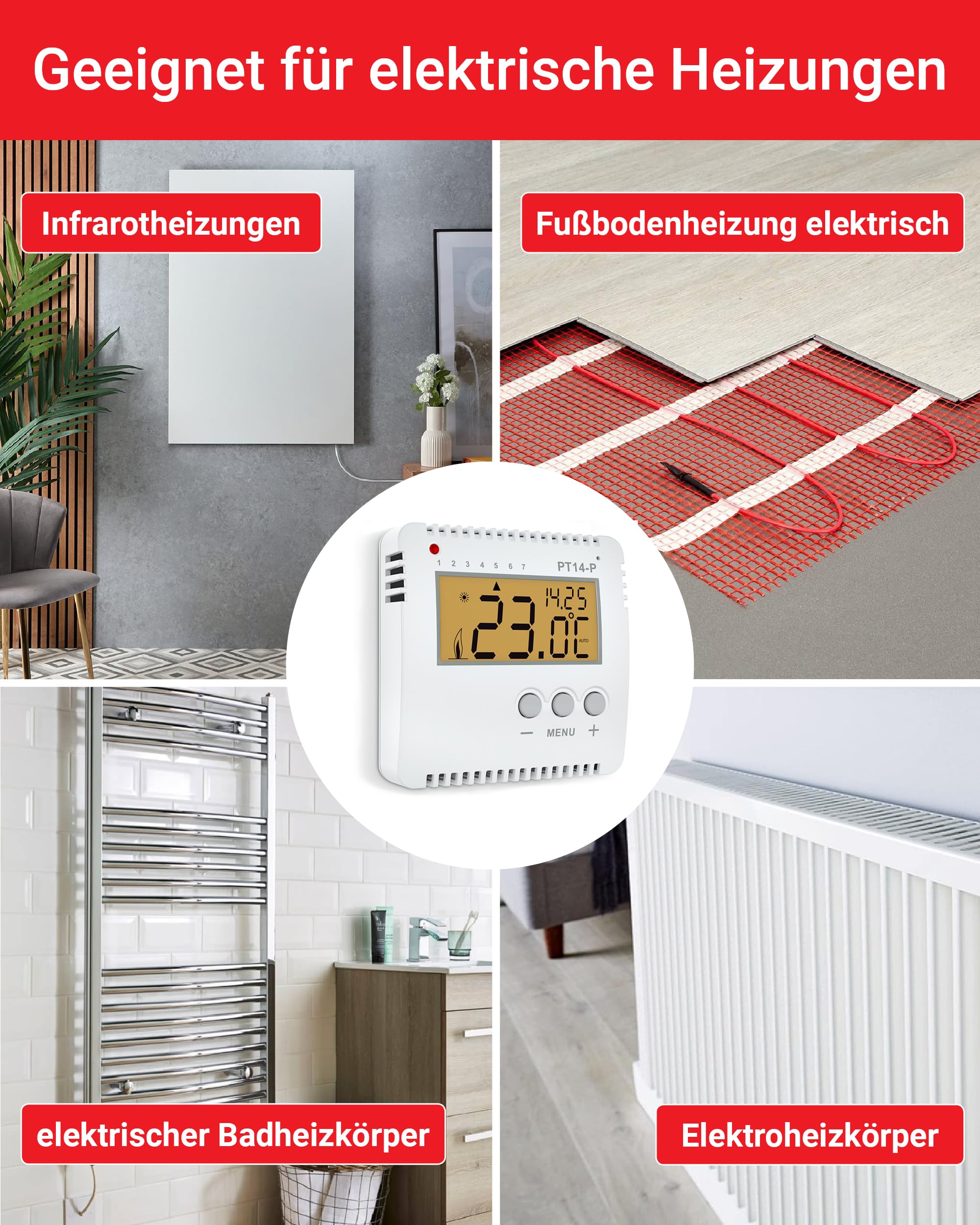 ELEKTROBOCK PT14-P Digitale kamerthermostaat 230 V, programmeerbare wandthermostaat met groot verlicht lcd-display, voor elektrische verwarmingen, instelbaar weekprogramma en extra functies
