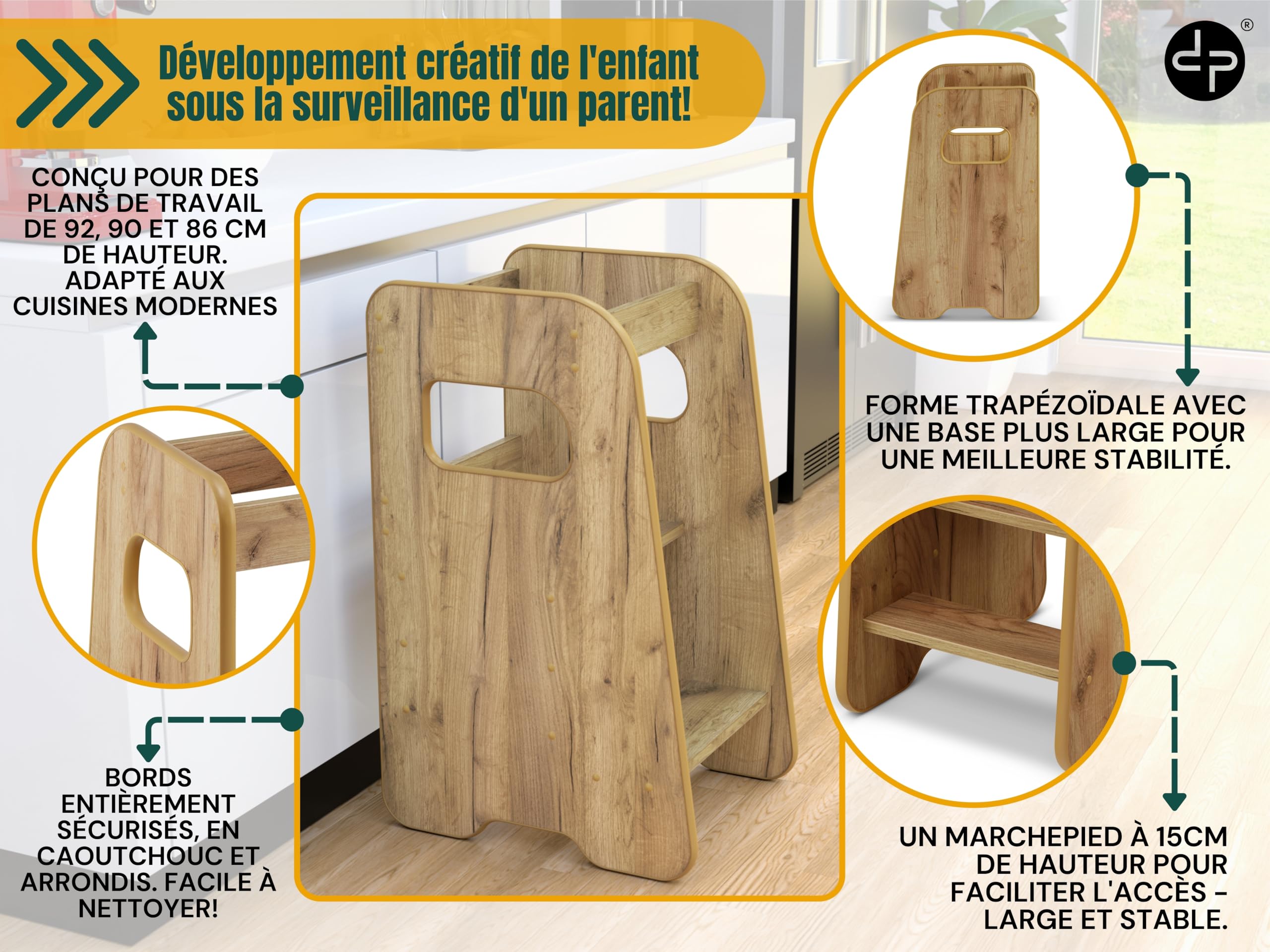 defiPad Tour d Observation Enfant Montessori - Stable & Sécurisée, Hauteur réglable sur 3 Niveaux - Tour d'apprentissage - Fabriqué en Europe - Learning Tower/Toddler Tower - Chêne