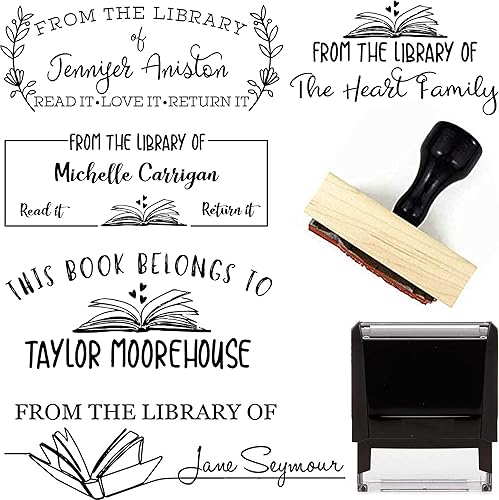 De The Library of Book Stamp Este pertenece a un sello personalizado autoentintado o mango de madera, nombre personalizado para profesor de