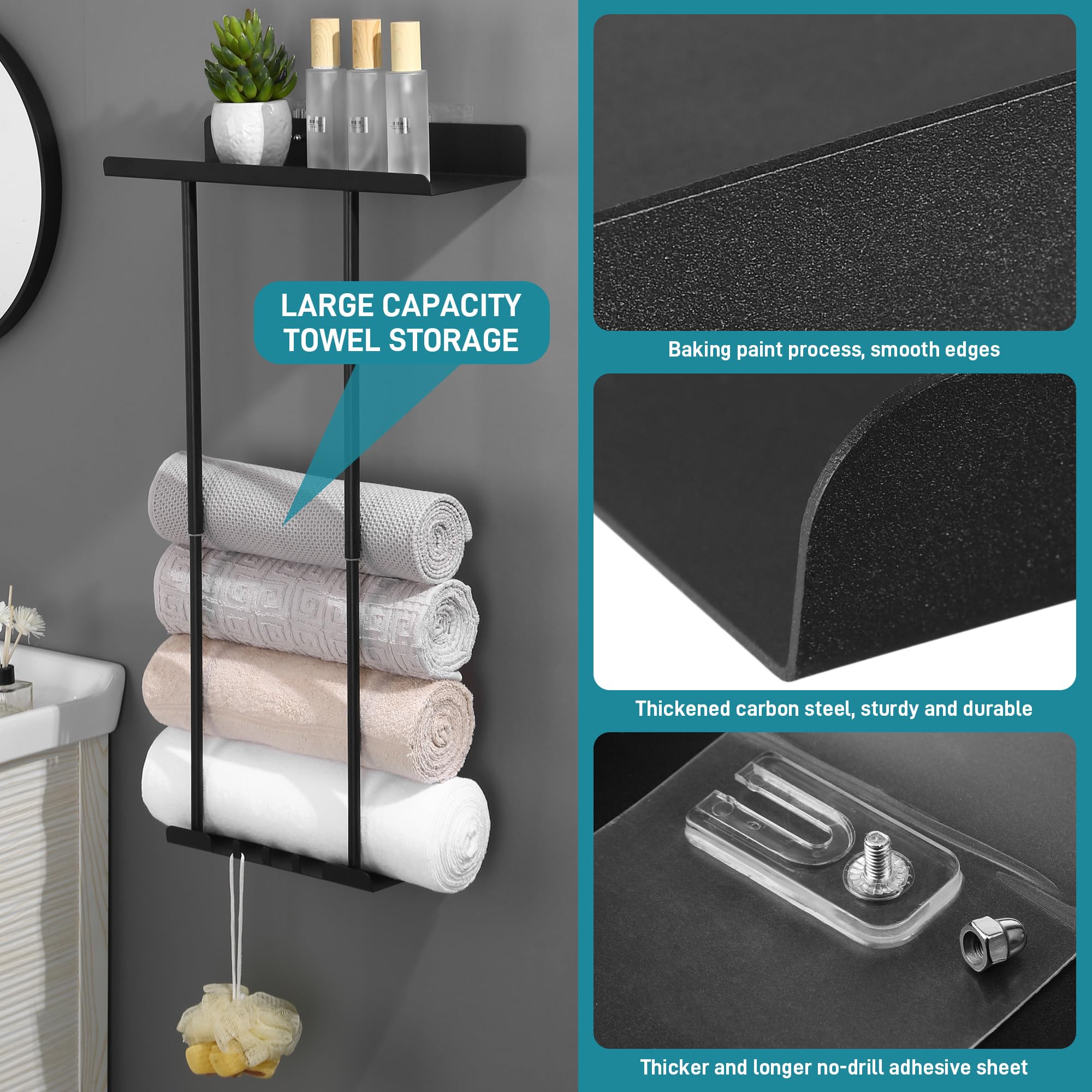 Porte-serviettes Mural Ajustable 38-75cm - Acier Inoxydable, Noir, Sans Perçage, Avec étagère
