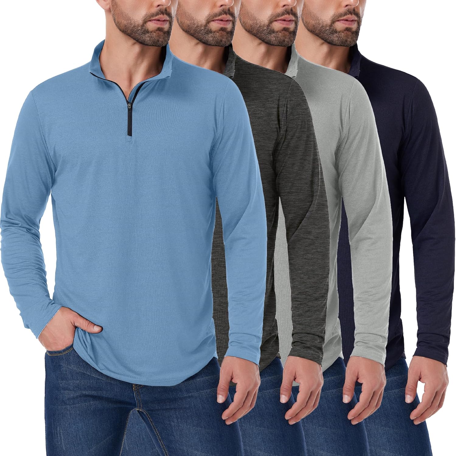 4 Pack Men’s Quarter Zip Pullover Quick Dry Active Casual Athletic Long Sleeve Tops