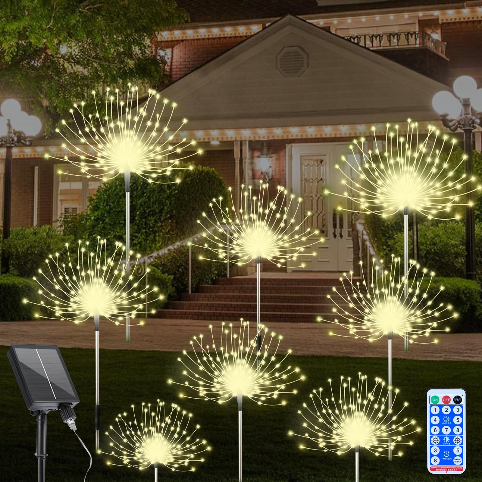 Solar Firework Lights Outdoor Waterproof, 8 Pack 120 LED Garden Lights with 8 Lighting Modes, Fairy Light with Remote Control for Garden, Christmas, Wedding, Party, Courtyard Decor(Warm White)