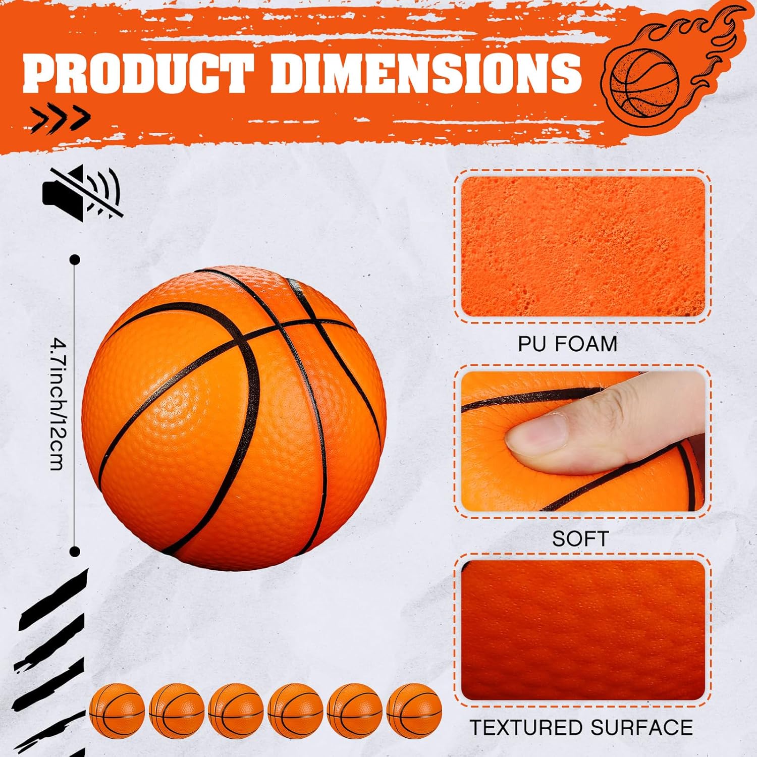 MiniInflat 6 Pcs 5'' Mini Foam Basketballs for Kids Adults Orange Squeeze Stress Ball Safe Soft Replacement Pool Beach Basketball for Indoor Hoop Toddler Quiet Bouncy Sport Game