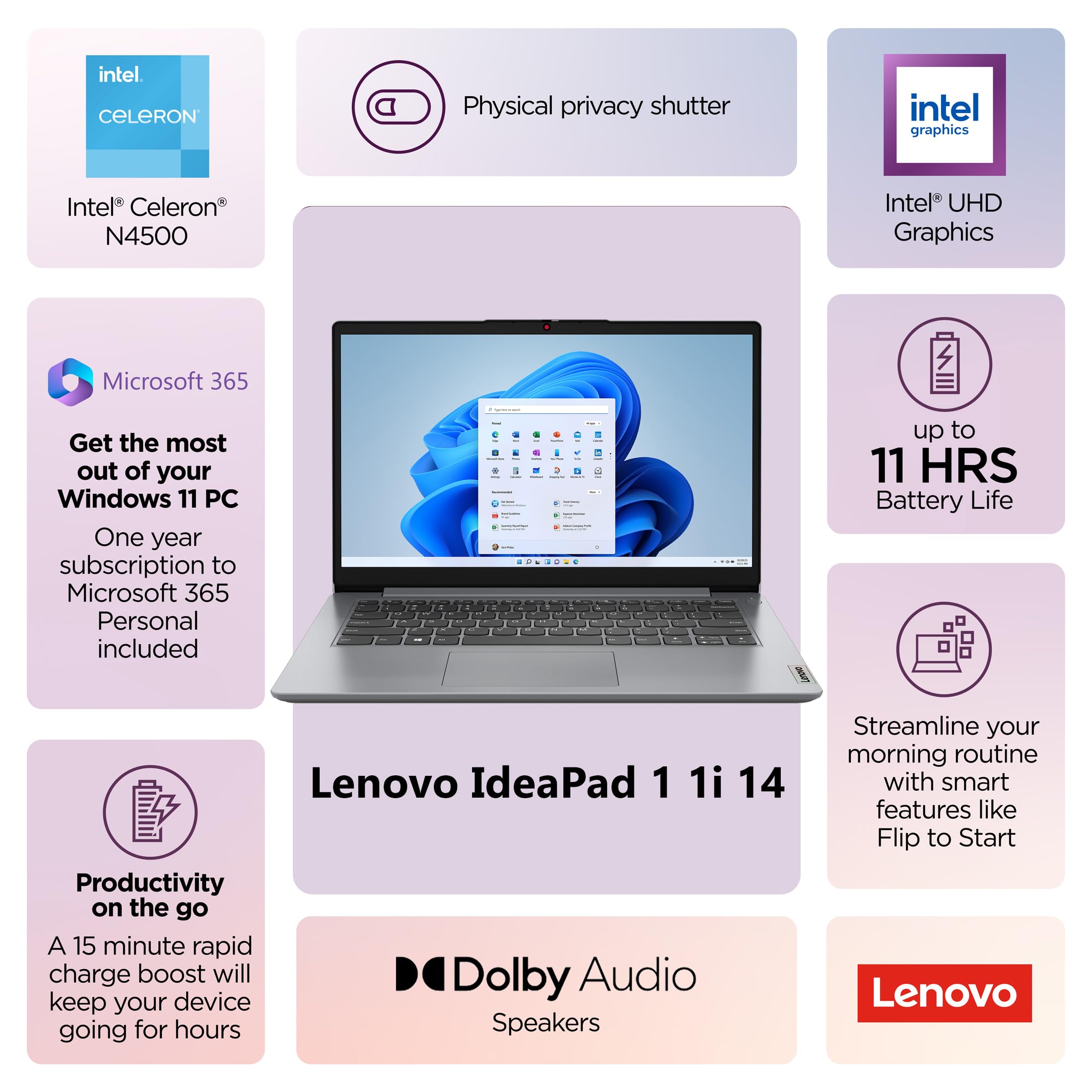 Lenovo Laptop para estudiantes 2026 con Microsoft 365, 8 GB de RAM, 128 GB de almacenamiento, Intel Dual Core, WiFi, ultraligera, Windows 11, batería de larga duración, IdeaPad esencial para el hogar