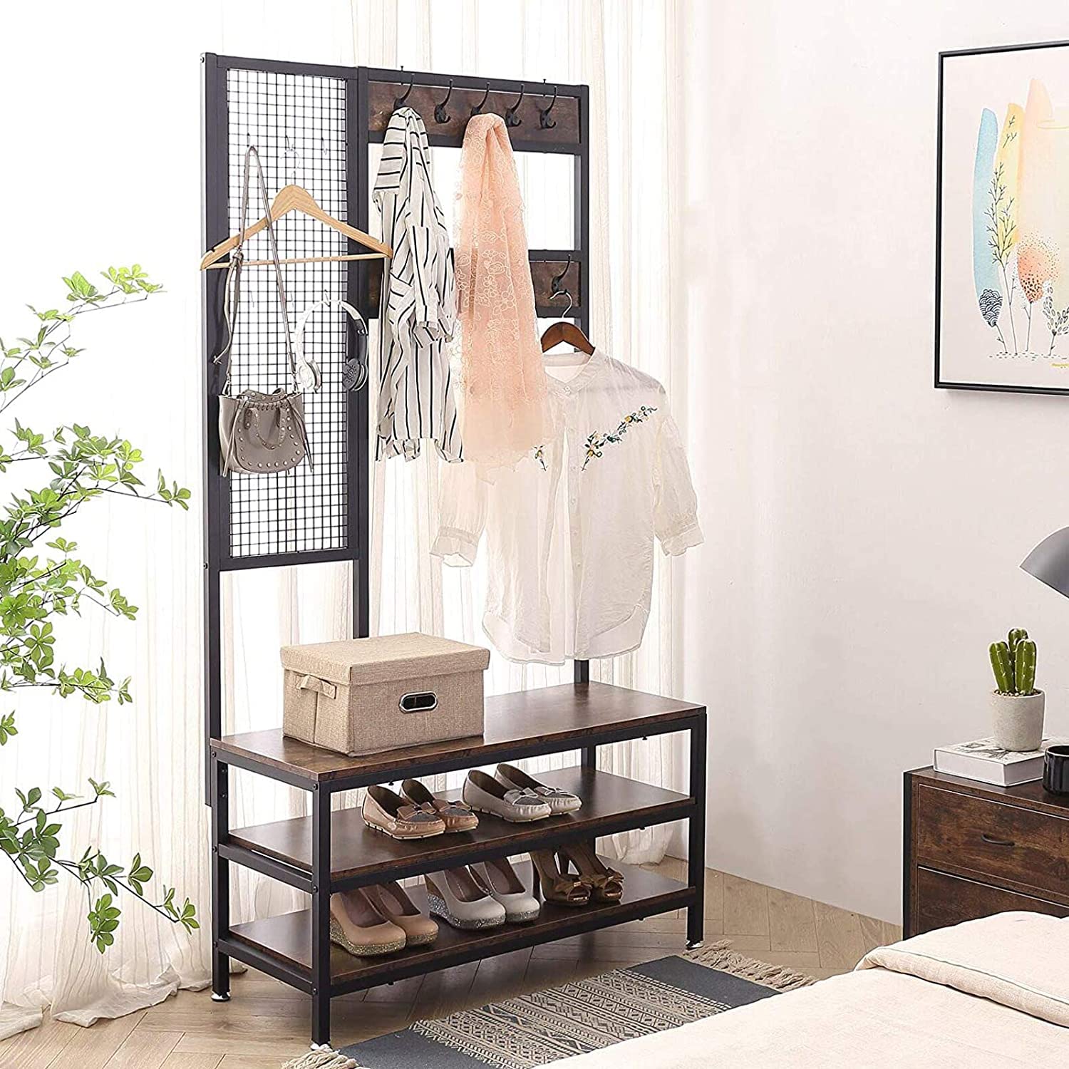 Coat Rack Shoe Bench Hall Tree Entryway Storage Shelf Standing Coat Racks with 9 S-Hooks & 10 Metal Hanging Bars, Rustic Brown
