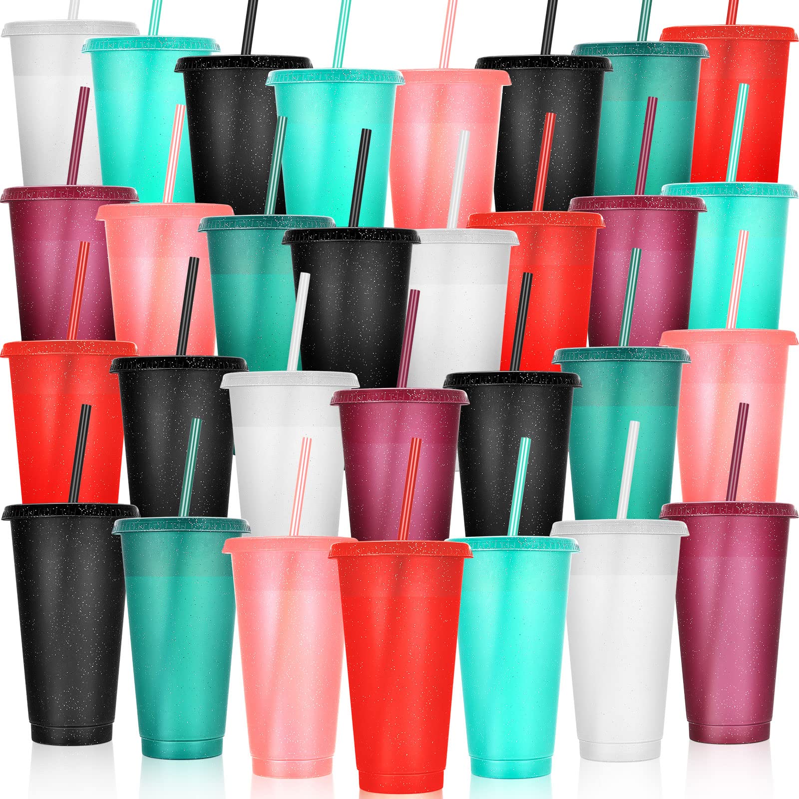 Honeydak Trinkbecher mit Strohhalm und Deckel, für Geschenke, glitzernde Kunststoff-Kaffeetassen, 680-765 ml, wiederverwendbare Wasserflasche, Eiskaffee, Reisebecher, Partyzubehör für Geburtstage