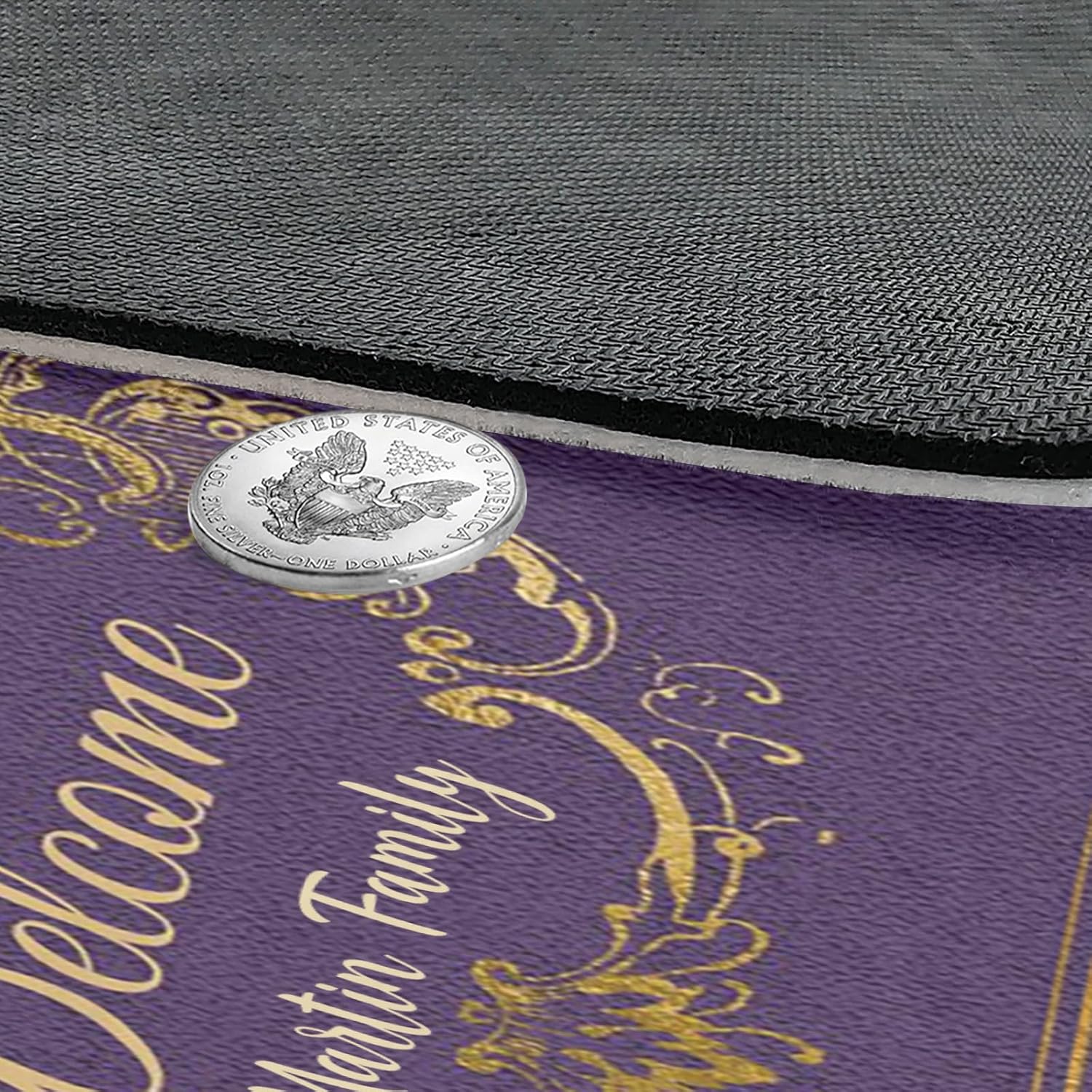 Ornate Purple and Gold Personalized Doormat Text Name Custom Indoor Outdoor Pet Mat Entrance Rugs Home Decor Welcome Door Mats 30 x 18 Inch