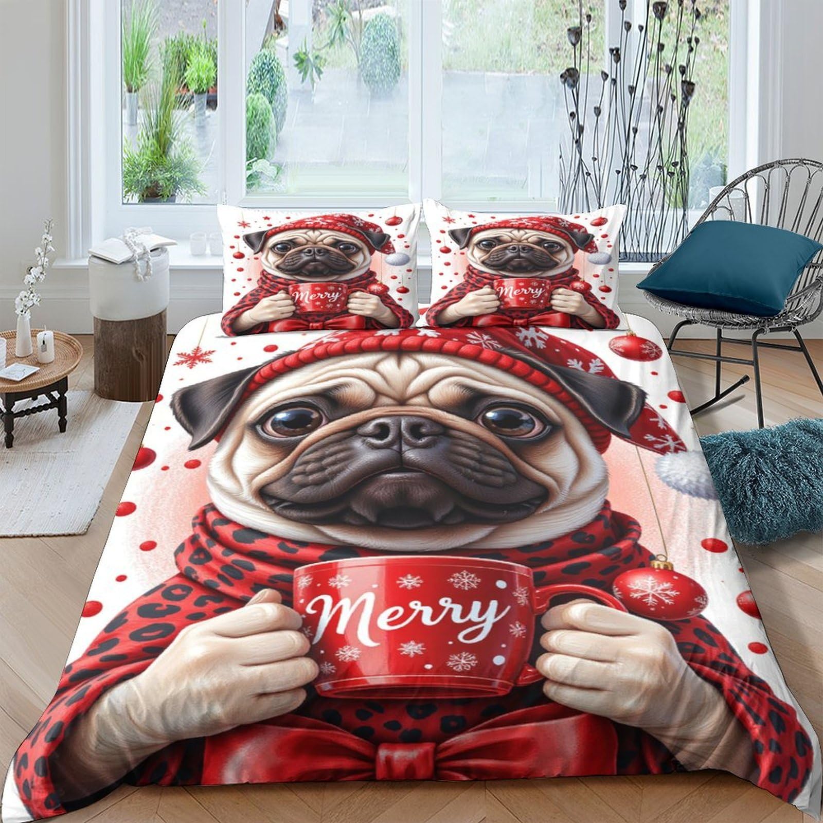 Ctjqhvkz Style-5 3D Printed Pug Dog Christmas Fitted Sheet Microfiber Red Mug Bed Cover For Bedroom Guest Room Decor Easy Care Single（135X200cm）