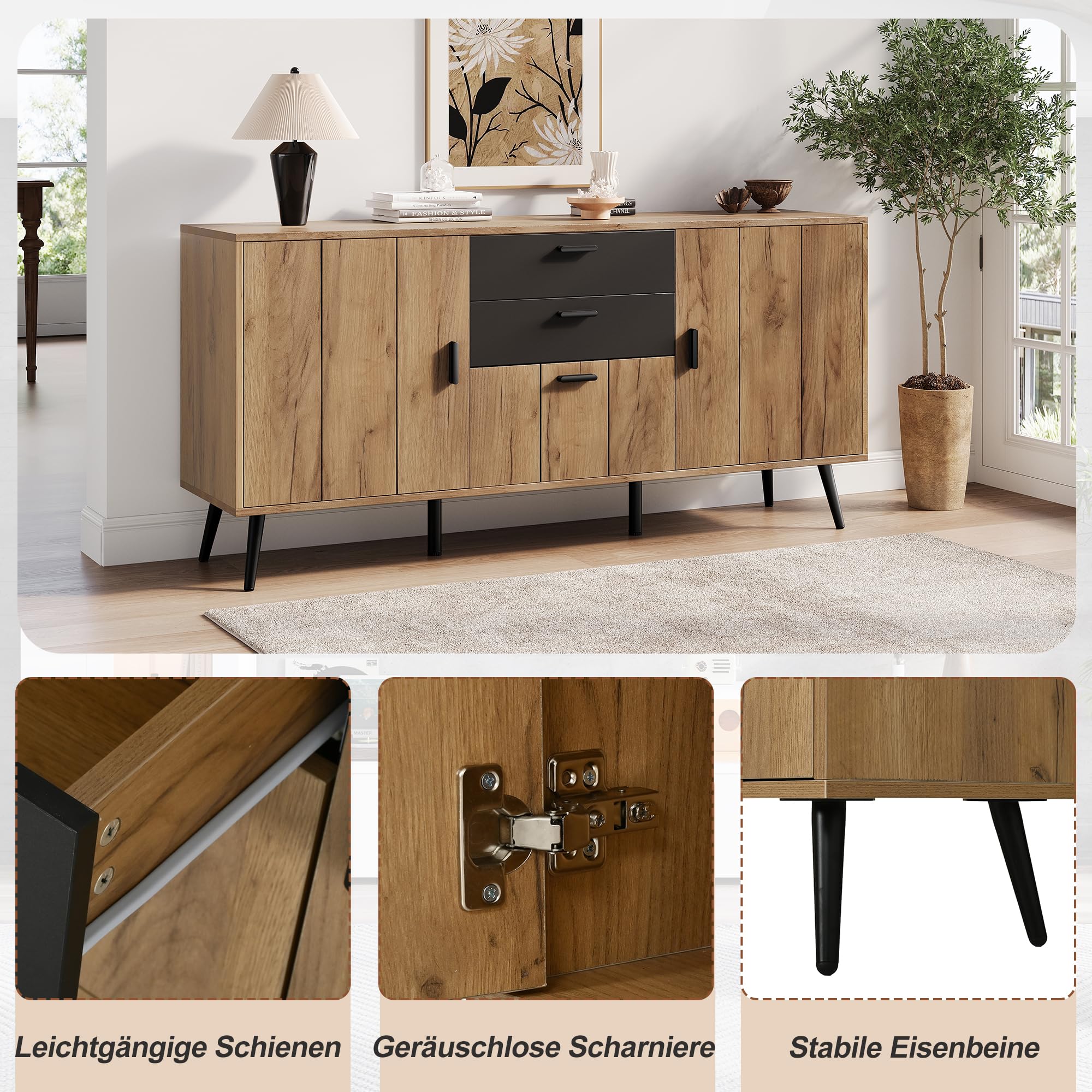 Credenza con 3 ante e 2 cassetti, effetto legno e nero, 140 x 35 x 67 cm, per soggiorno, sala da pranzo, cucina