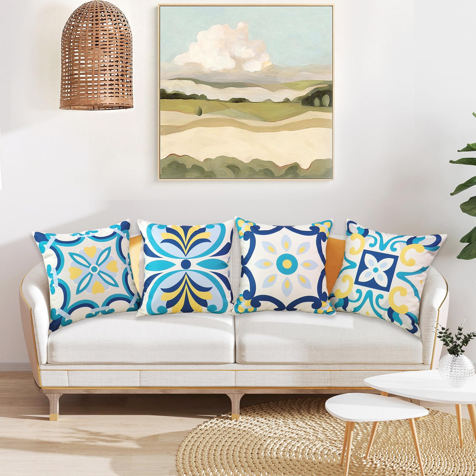Set di 4 Federe Cuscini per Divano 45x45 cm Impermeabili Bohémien con Fiori Geometrici per Esterno Balcone Patio