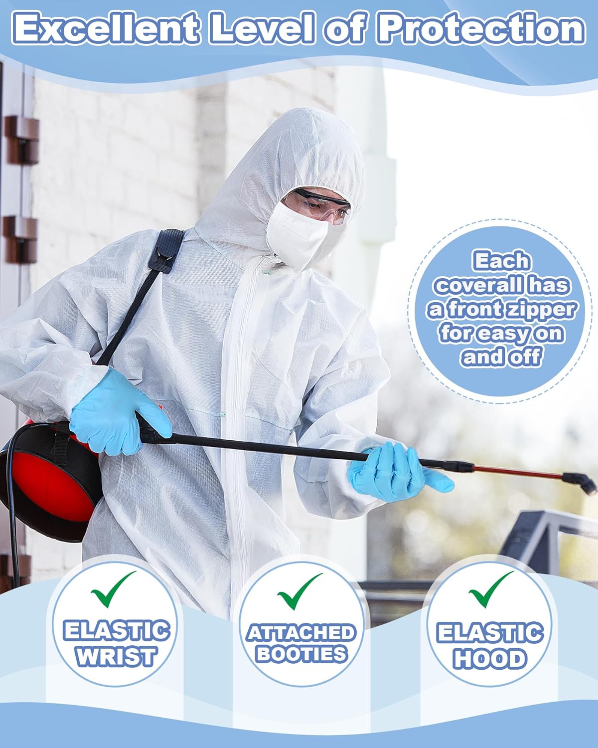 Hazmat Suits Disposable Protective Paint Coverall Suit with Hood Shoe Covers Nitrile Glove Mask Wrists Ankles - Image 4