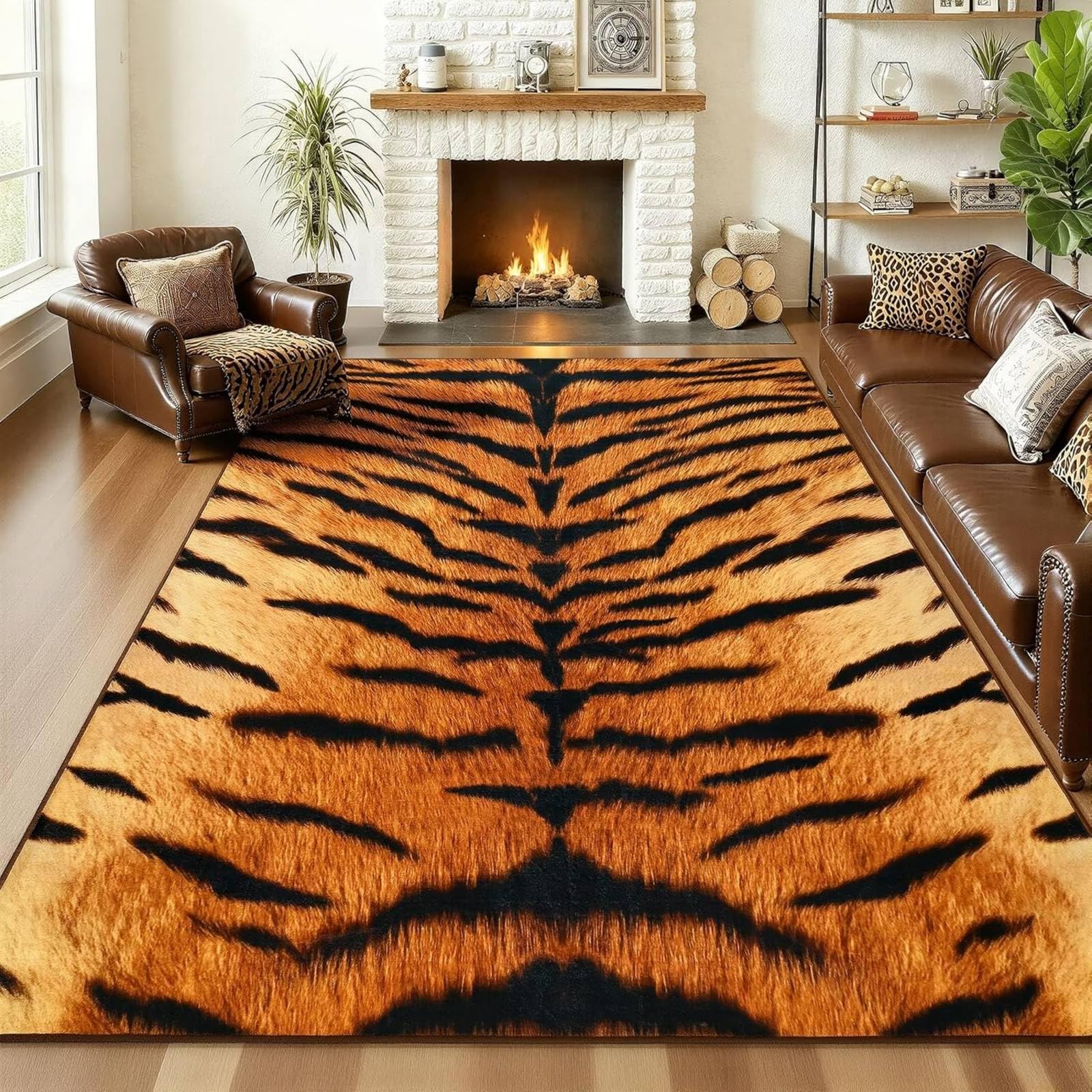 ZLXMN Tiger Skin Area Rug 160x230cm Large Non-Slip Faux Fur Tiger Animal Print Hide Machine Washable Mat Premium Western Rug for Office Living Room Dinner Room Bedroom