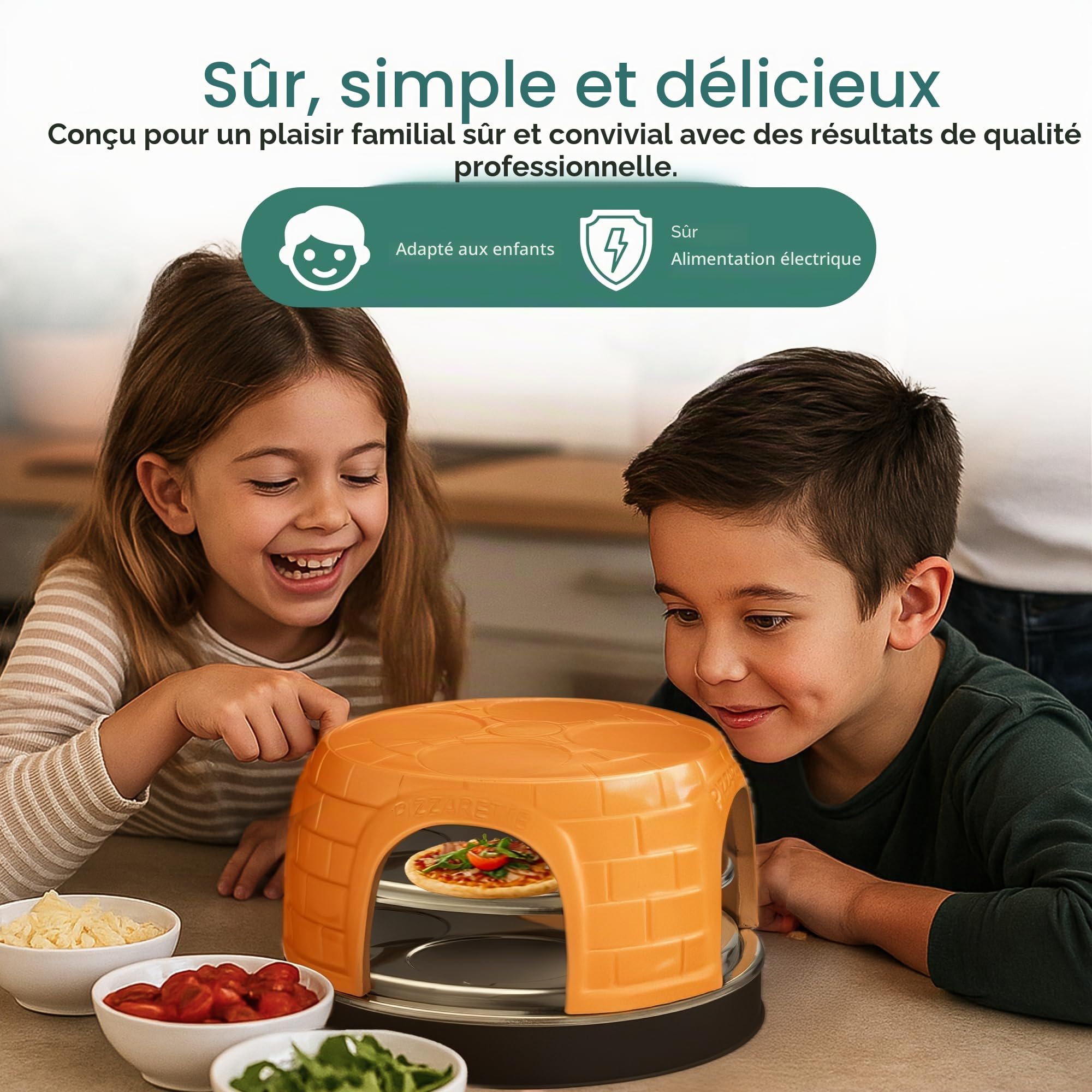 Emerio PO-116124.1 Four à pizza, couvercle en terre cuite, fait à la main, design breveté, pour mini pizza, véritable plaisir en famille pour 8 personnes