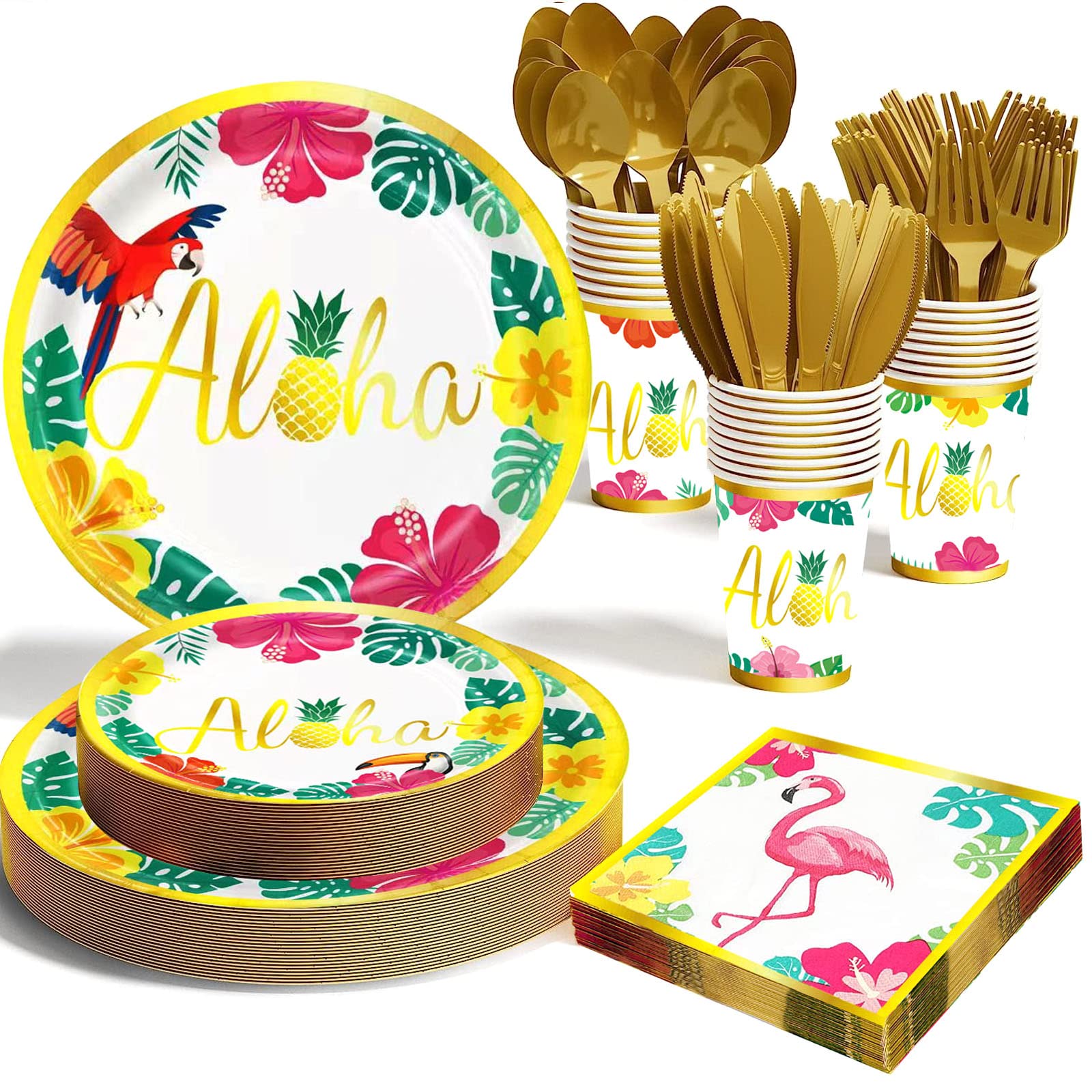 Hawaiian Luau Party Decorations Supplies - 175 PCS Aloha Tropical Birthday Party Decorations Disposable Dinnerware Set (25 Guest) With Paper Plates Napkin Cup for Summer Beach Themed Pool Party
