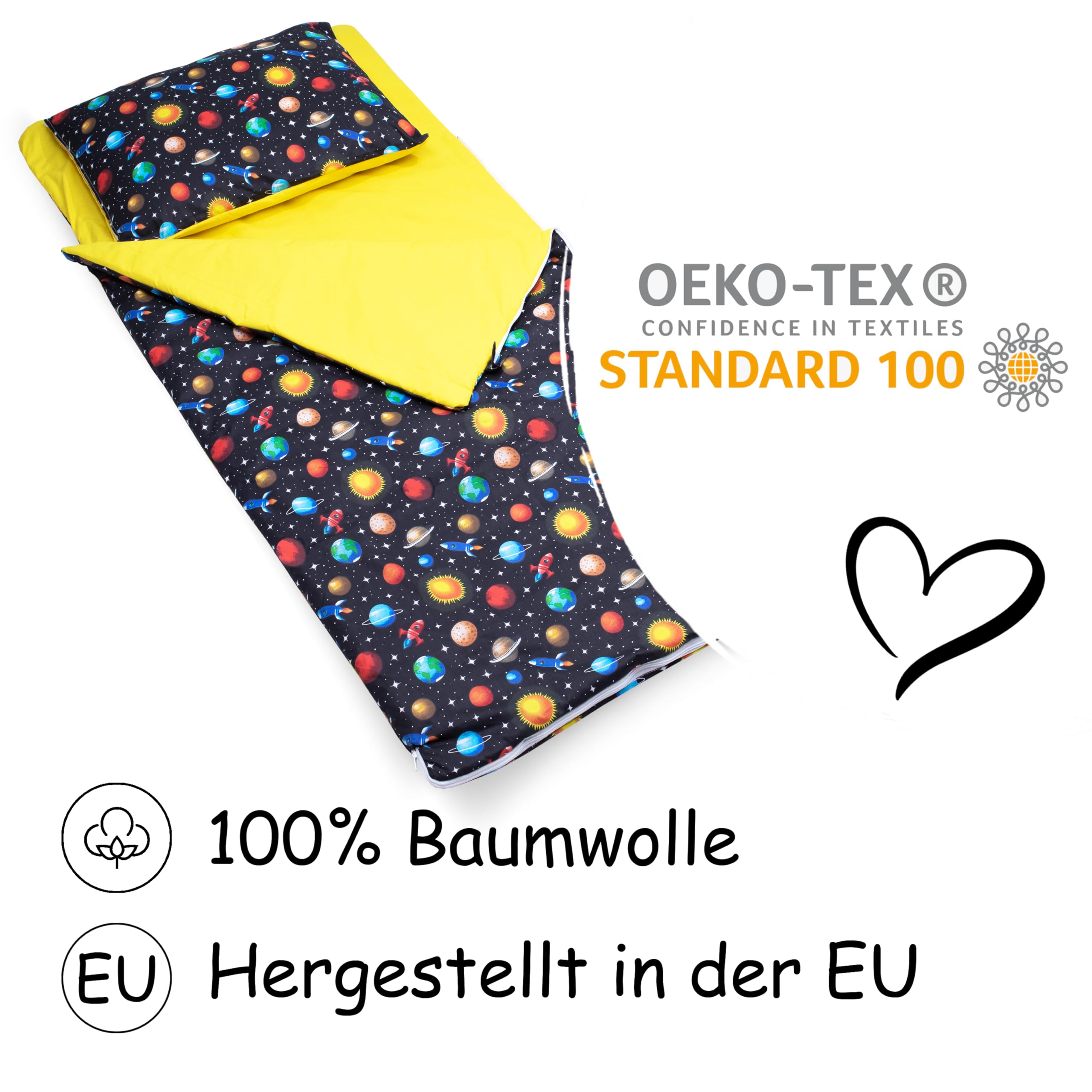 PinkZebra Schlafsack Kinder 140x75 cm mit Kissenbezug 60x40 cm & Beutel, Öko-Tex, bis 135 cm