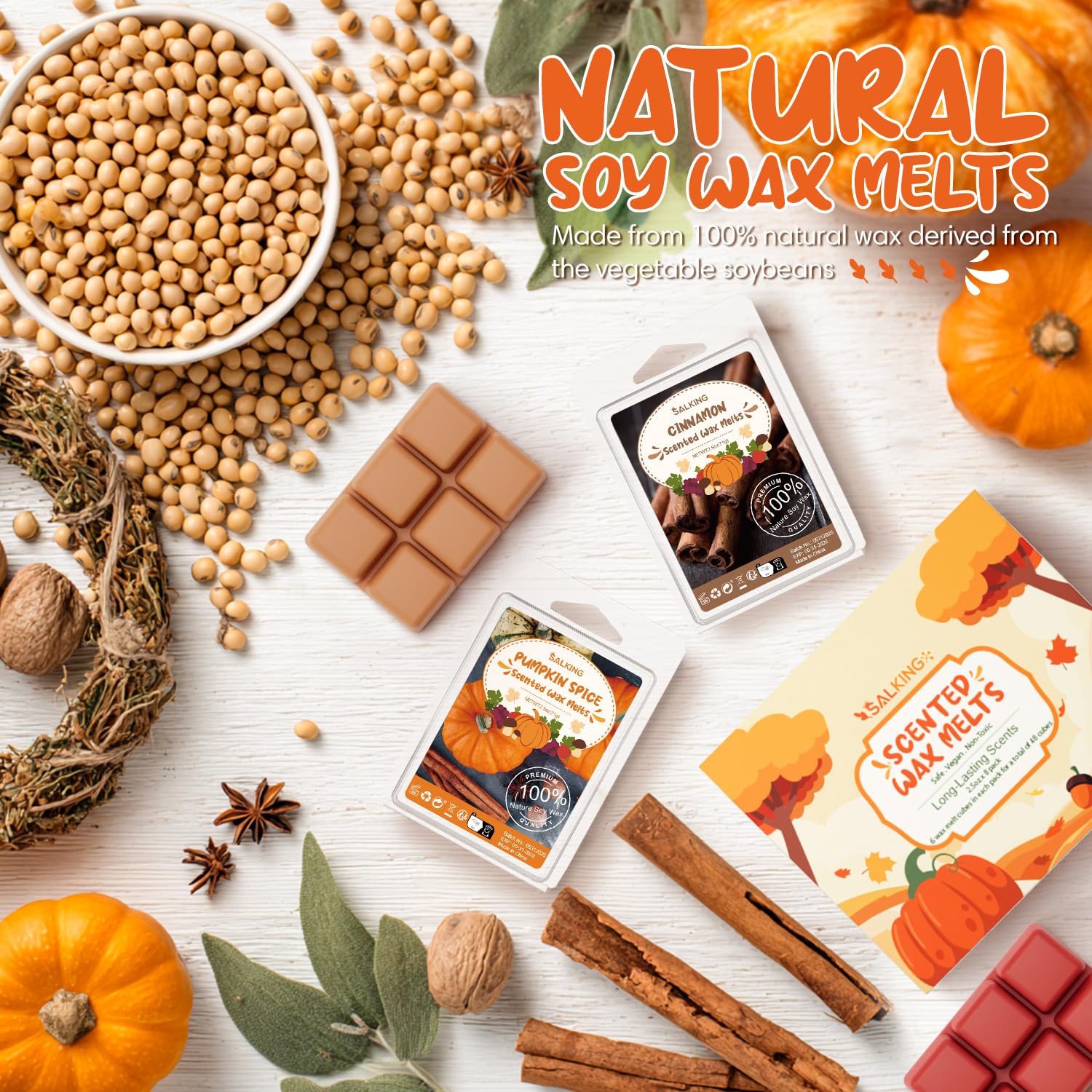 SALKING Autunnale Set di Tart Profumate Cera per Lampada Profumata, 100% Cera di Soia Naturale, Candela Profumata per Ambienti, set Regalo di Profumi di Zucca e Cannella per Halloween, Natale, 8 pz.