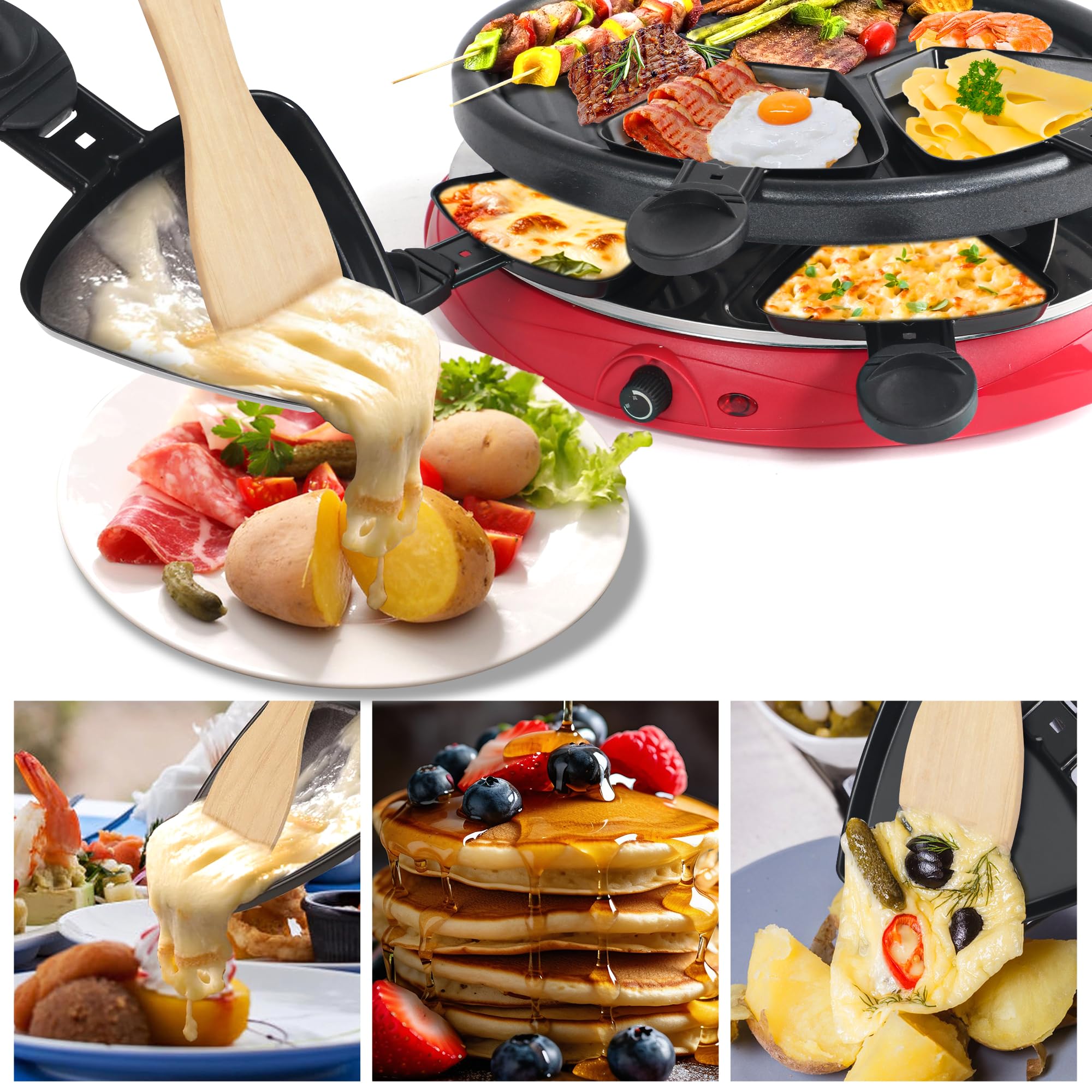 HengBO padelle per raclette, Mini Piatti Piastra da Raclette con rivestimento antiaderente e manico isolato e 4 Pala di Legno Per Formaggio Fuso Uovo Fritto（raclette 8 Persone）