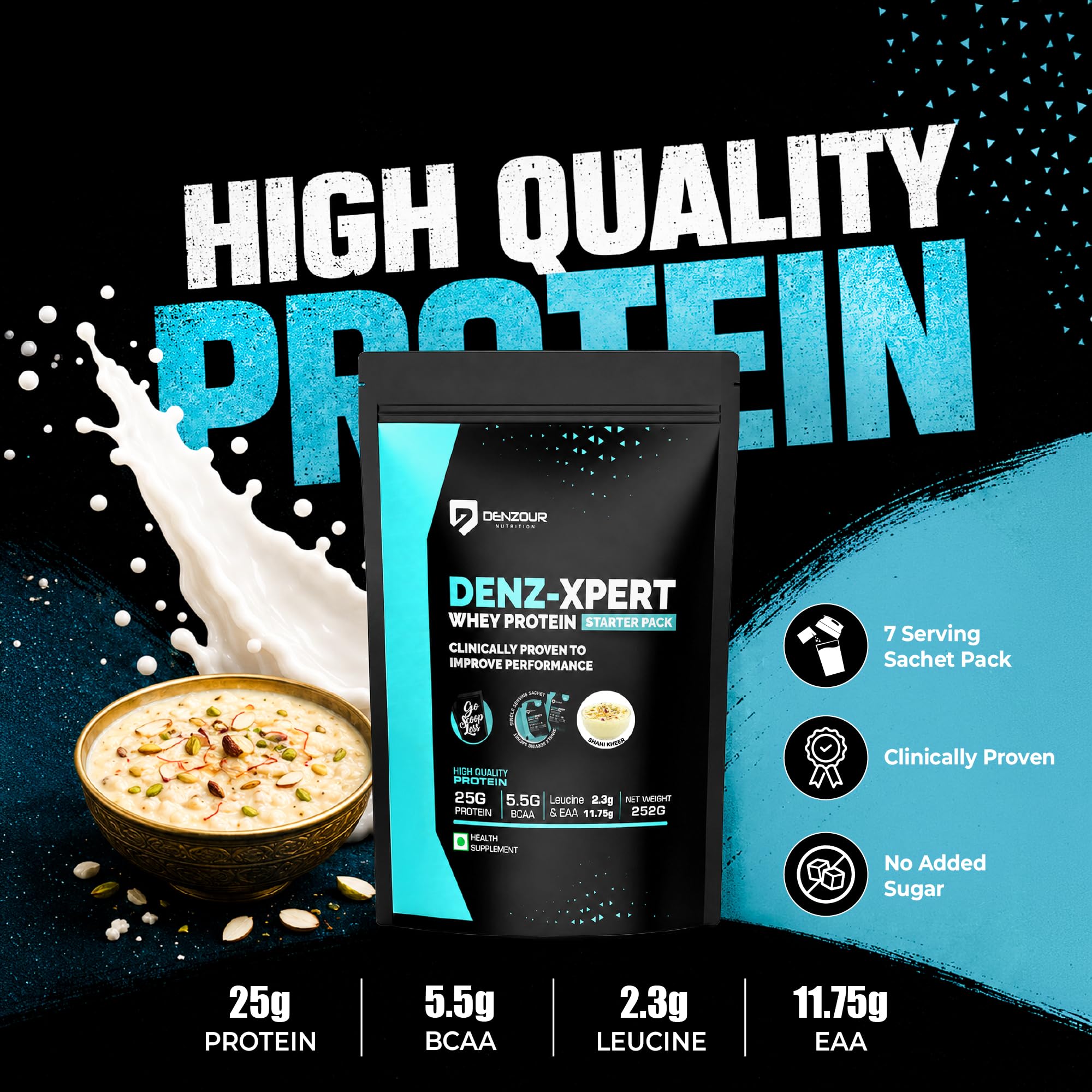 DENZOUR NUTRITION Denz - Xpert Whey Protein Powder| Easy Digesting Muscle Recovery, Muscle Growth & Improved Strength | 25gm Protein, 5.5g BCAA- 7 Sachets, Shahi Kheer Flavour- 252g (7 Servings) 2