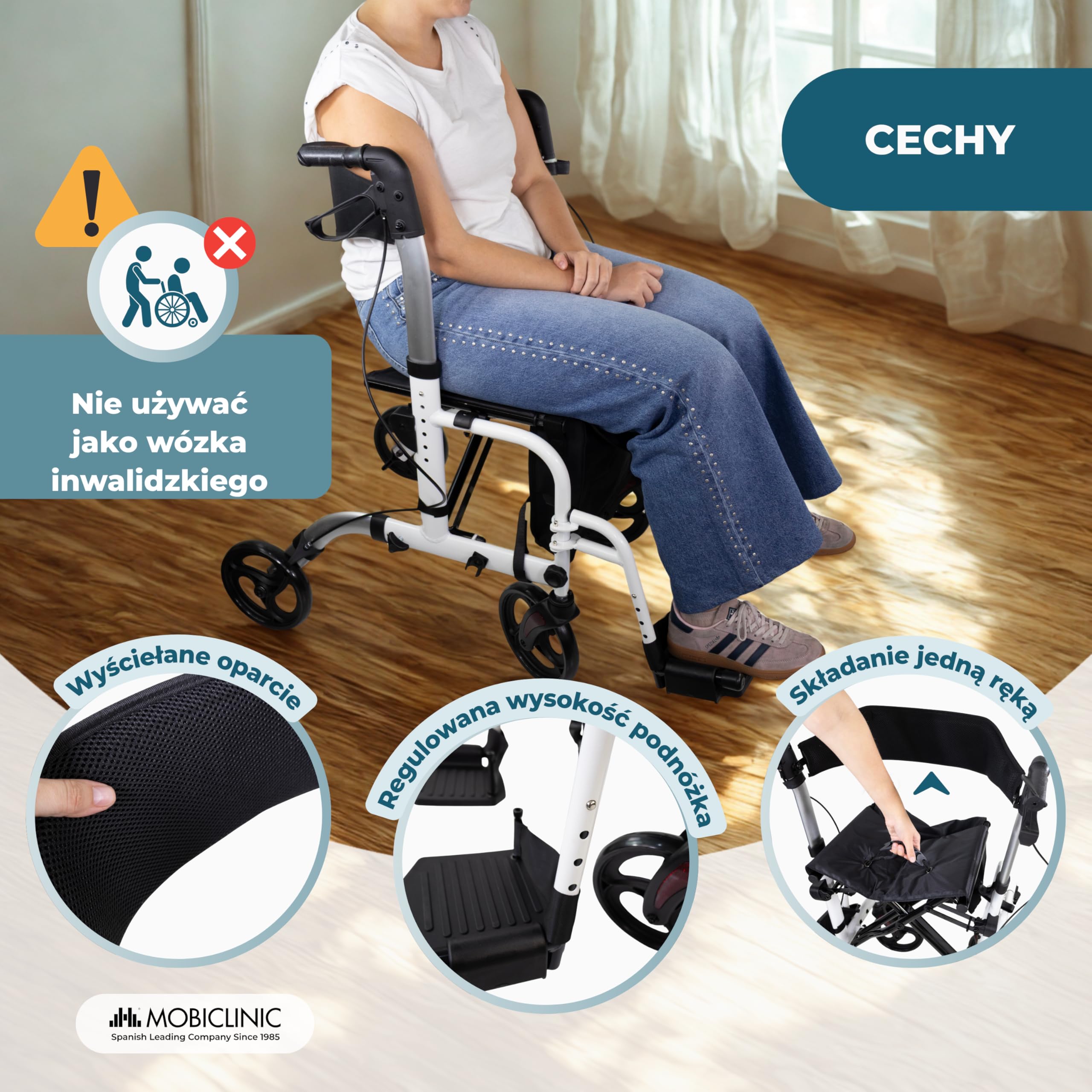 Mobiclinic®, Składany Chodzik z Podnóżkiem, Składany, Regulowana Wysokość, Maks. 136 kg, z Hamulcami, Odwracalne Oparcie, Kółka 360º, Torba, Uchwyt na Laskę, Ibiza