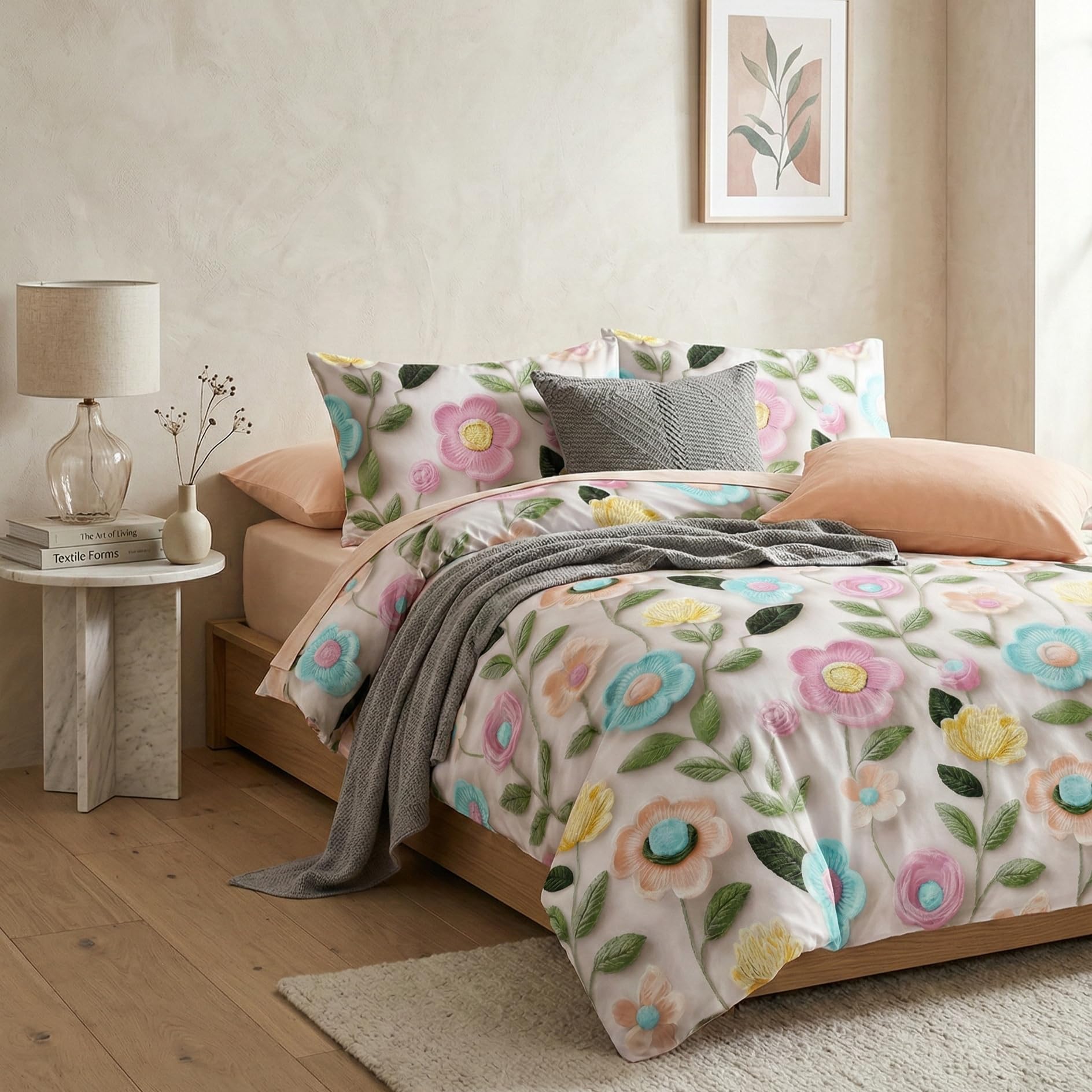 LOOMLYFE 300 TC 7D Microfiber XXL Soft Cotton Super King Size Bedsheet for Double Bed, King Size 108 Inches X 108 Inches, 9 Feet, 275 X 275 cm with 2 Large Size Pillow Covers, PinkBlueSunflower